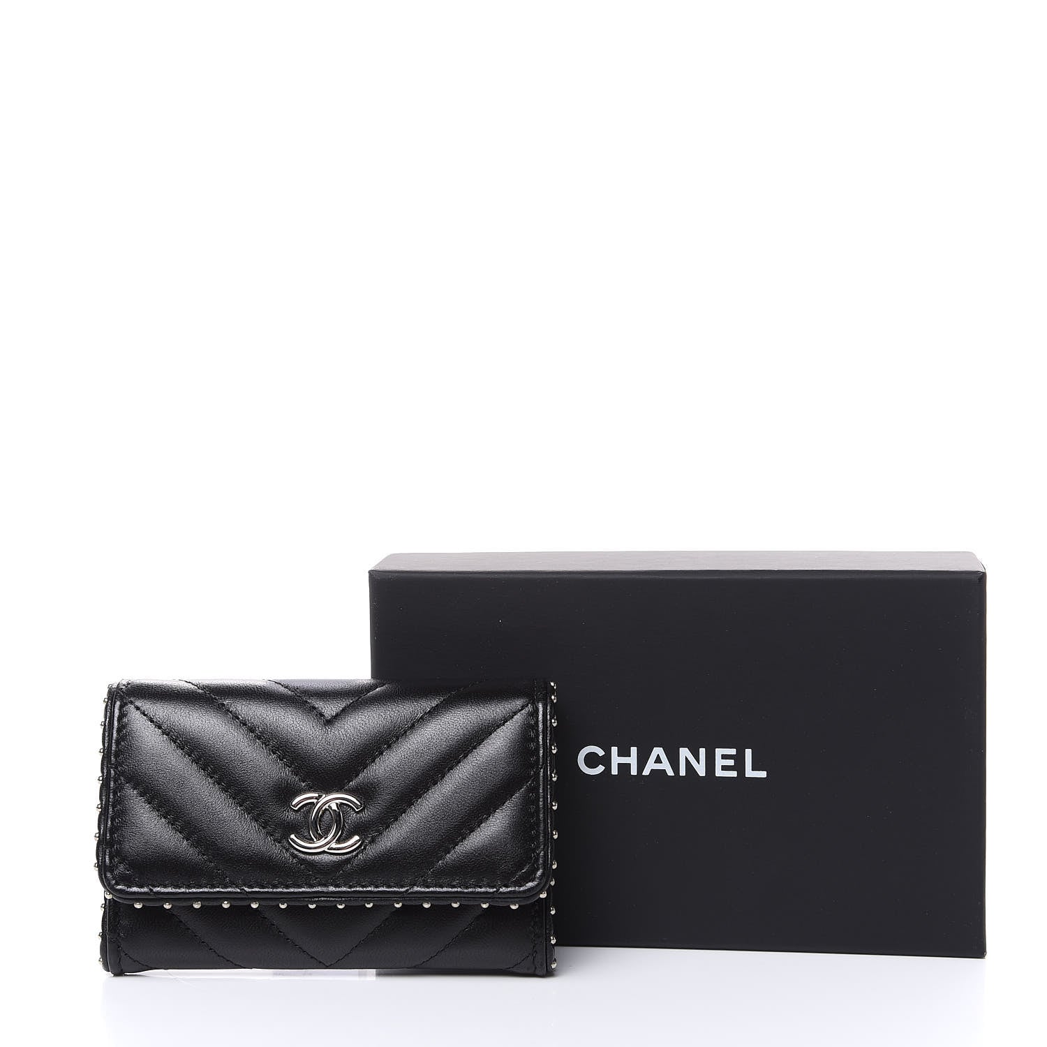 Chanel Lambskin Chevron Quilted Studded Card Holder Black 9 of 9