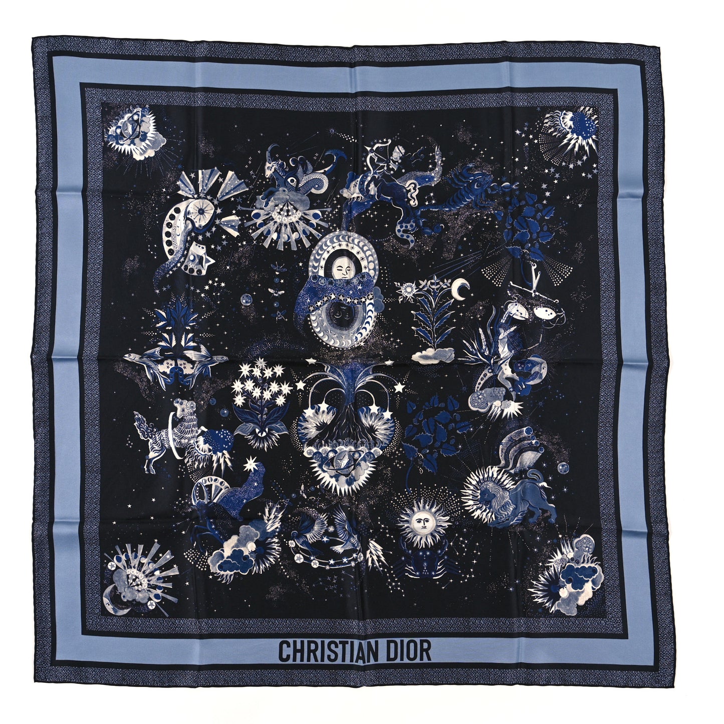 CHRISTIAN DIOR Silk Zodiac Fantastico Square Scarf Blue