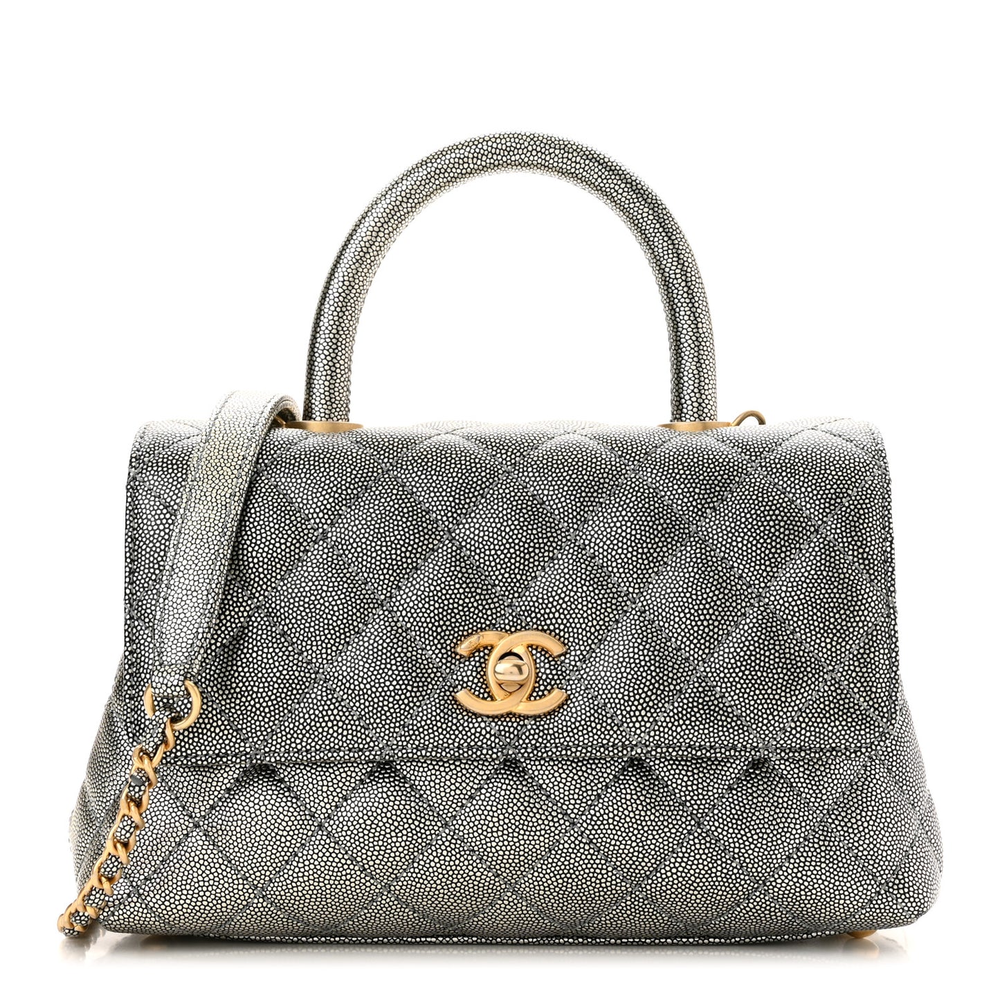 Metallic Caviar Quilted Mini Coco Handle Flap Silver