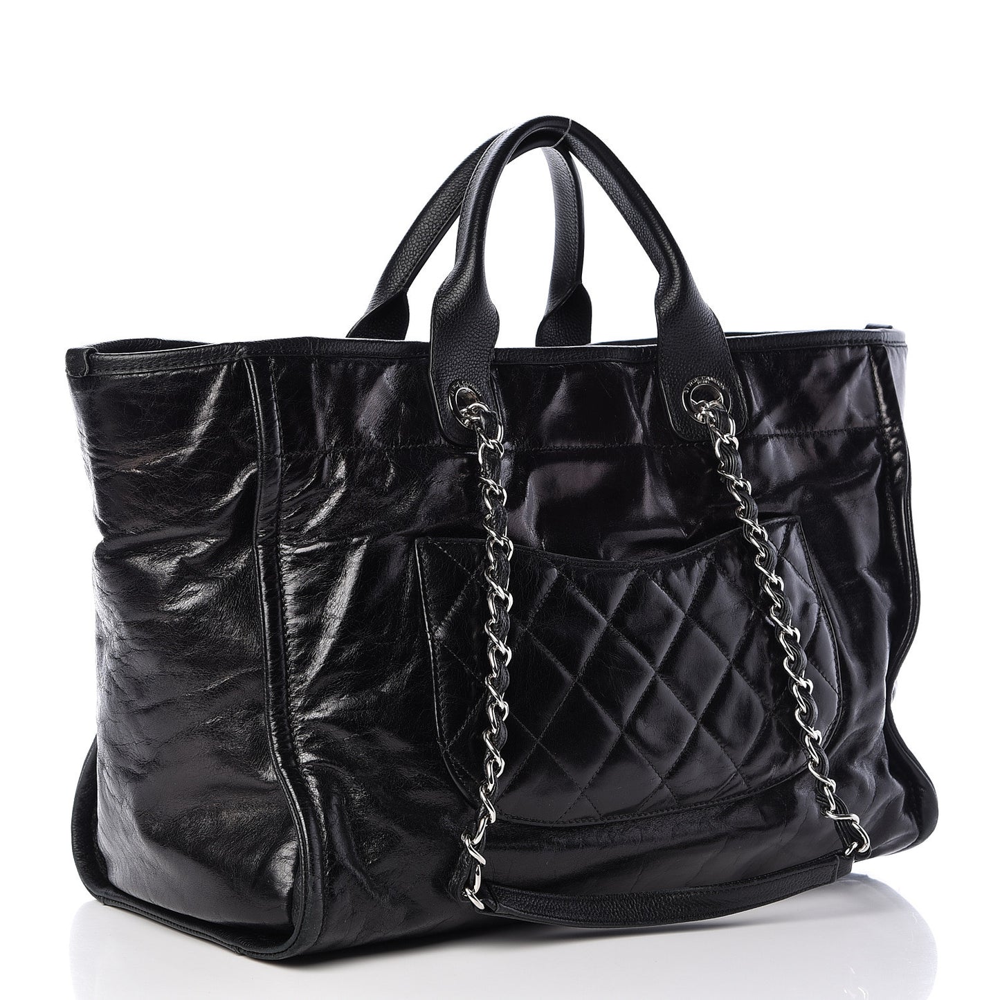 Glazed Calfskin Large Deauville Tote Black