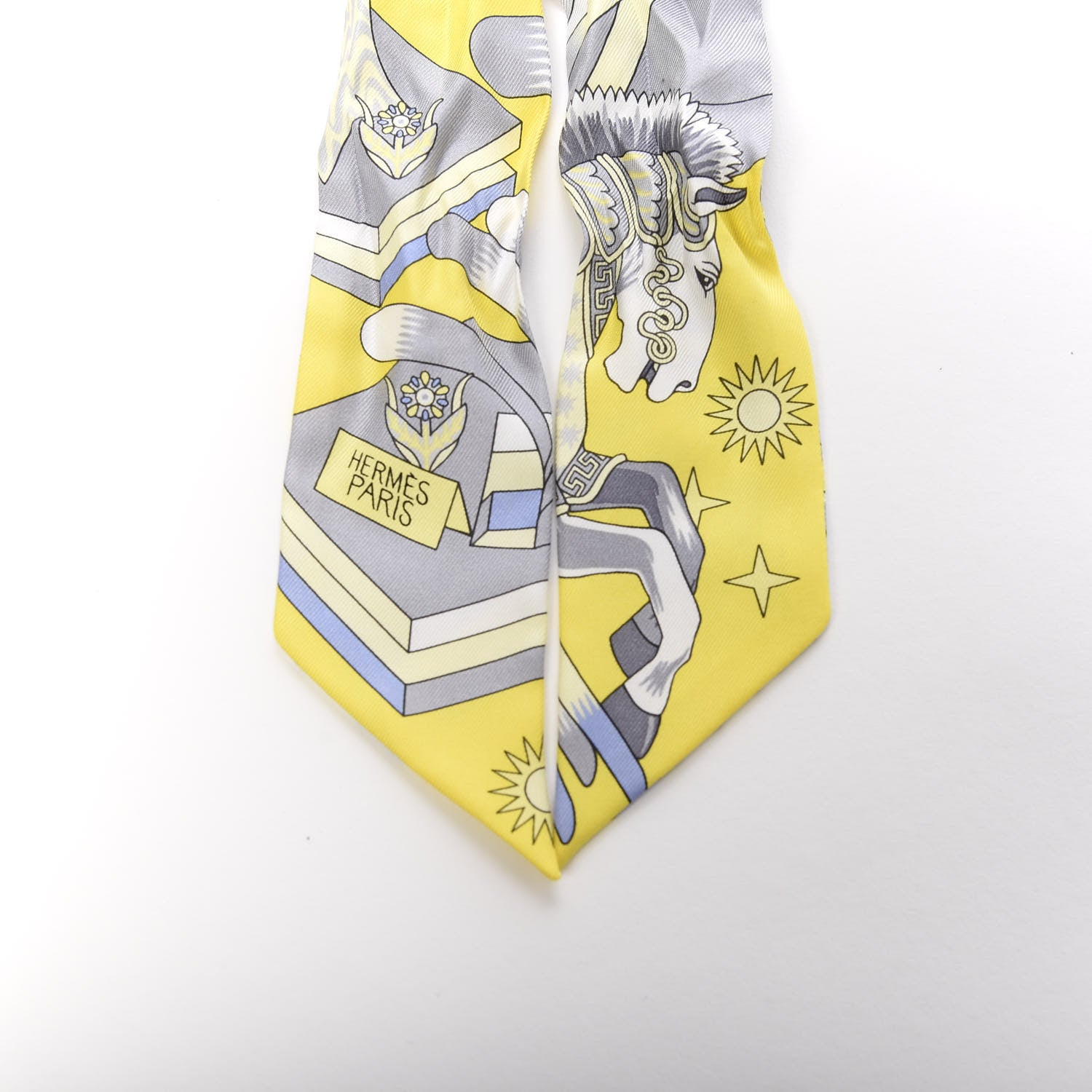Hermes Silk La Source de Pegase Twilly Jaune Vif Gris Perle 4 of 4