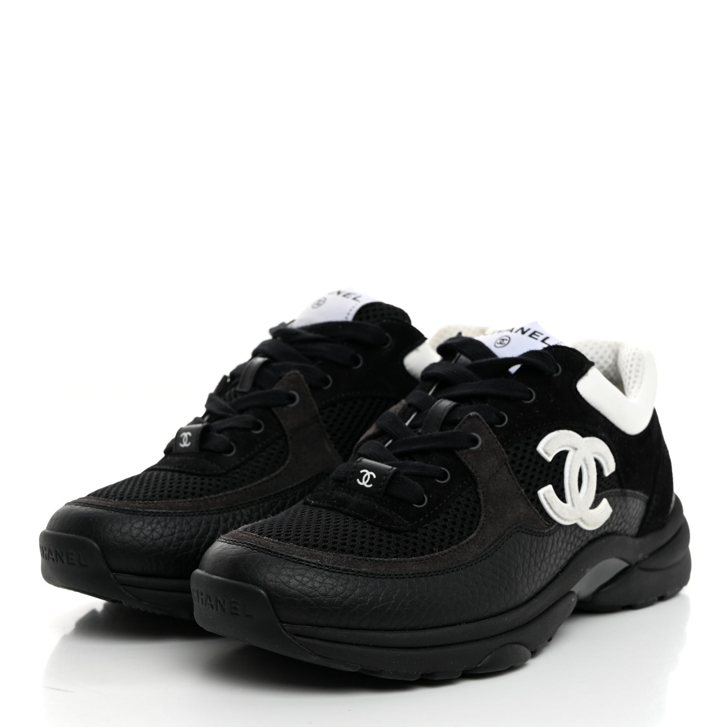Mesh Suede Grained Calfskin Womens CC Sneakers 38 Black White