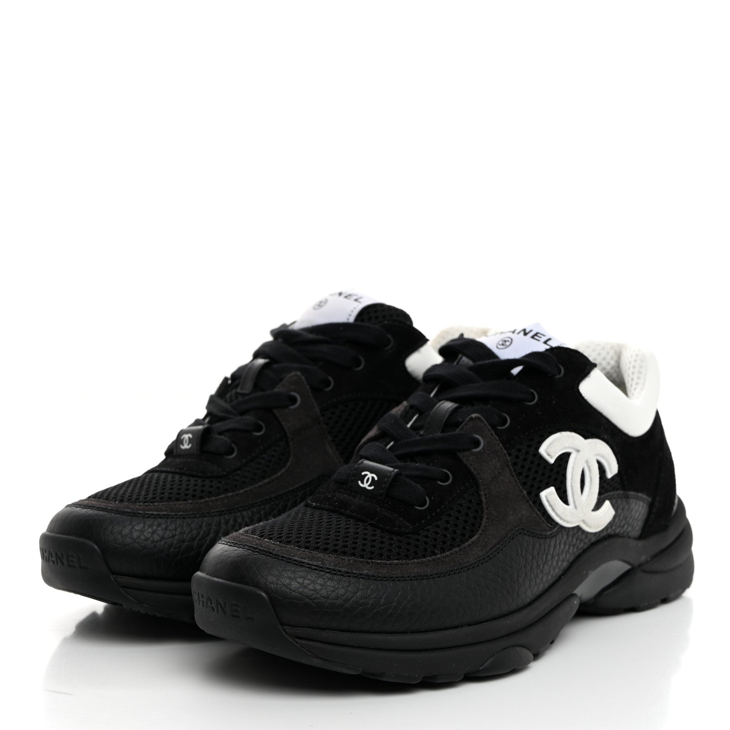 Chanel Mesh Suede Grained Calfskin Womens CC Sneakers 38 Black White 3 of 9