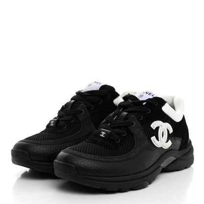Chanel Mesh Suede Grained Calfskin Womens CC Sneakers 38 Black White 3 of 9