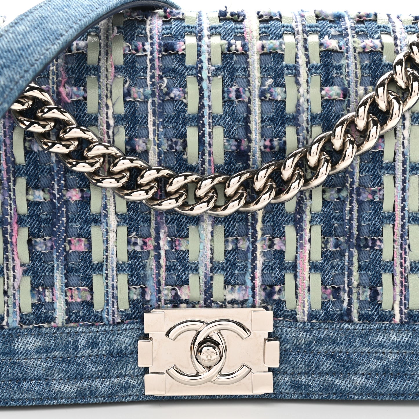 Cotton Tweed Denim Medium Boy Flap Light Green Light Blue