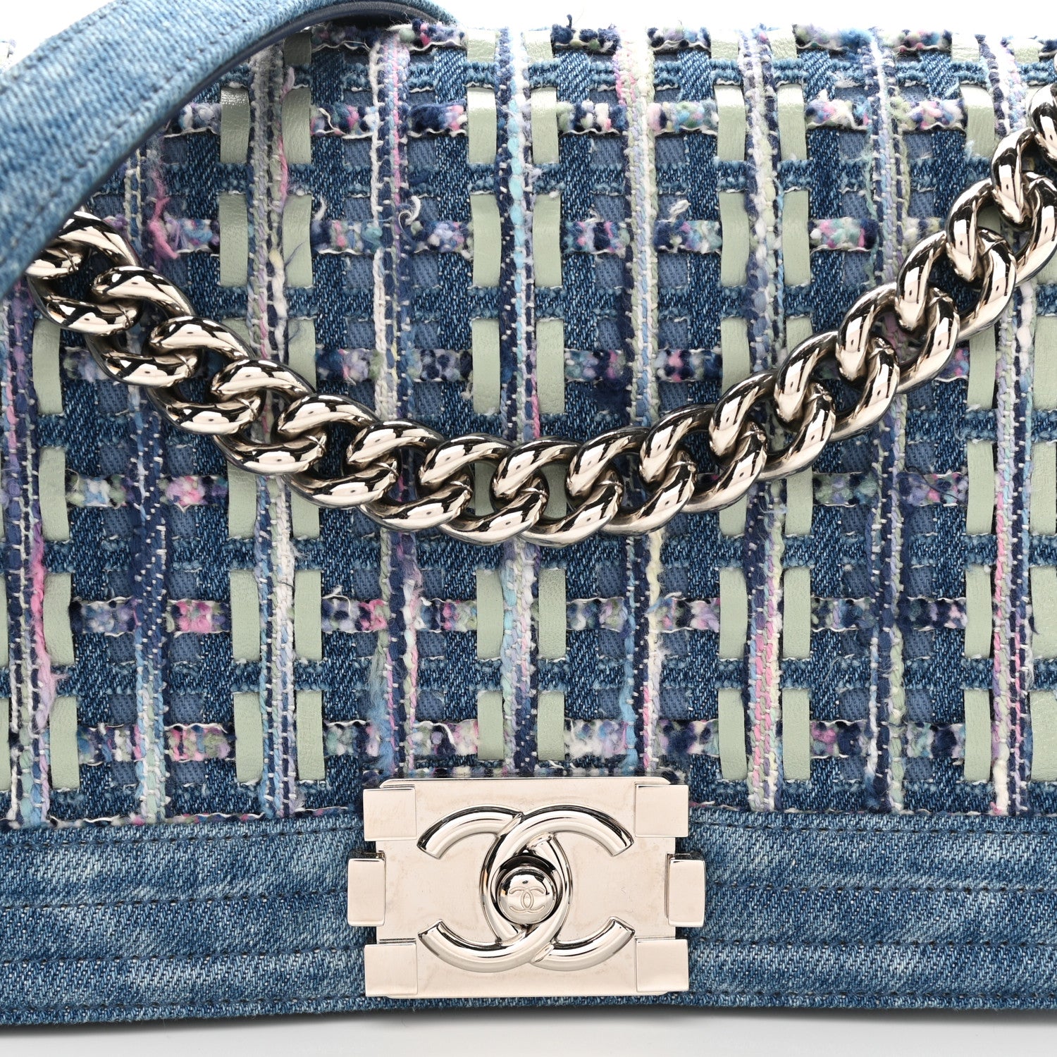 Chanel Cotton Tweed Denim Medium Boy Flap Light Green Light Blue 15 of 19