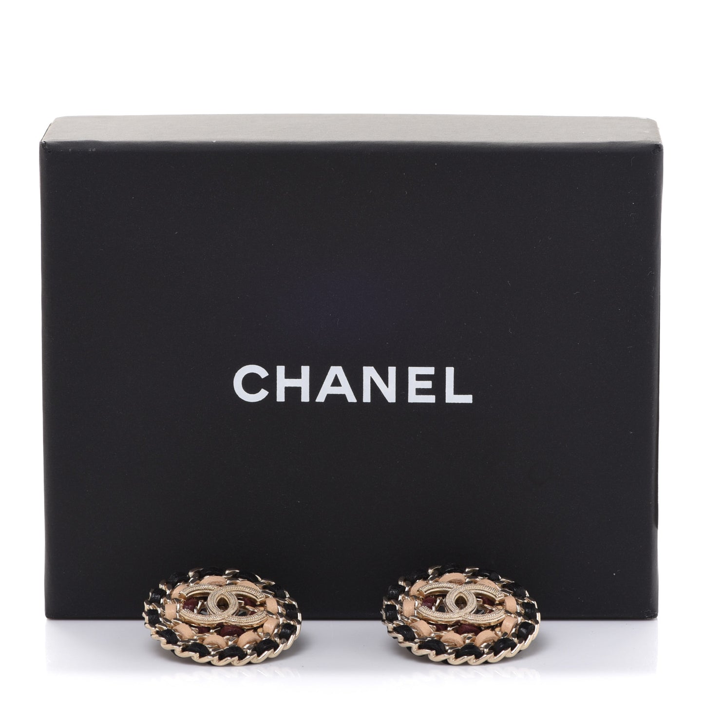 Metal Lambskin CC Round Earrings Black Gold