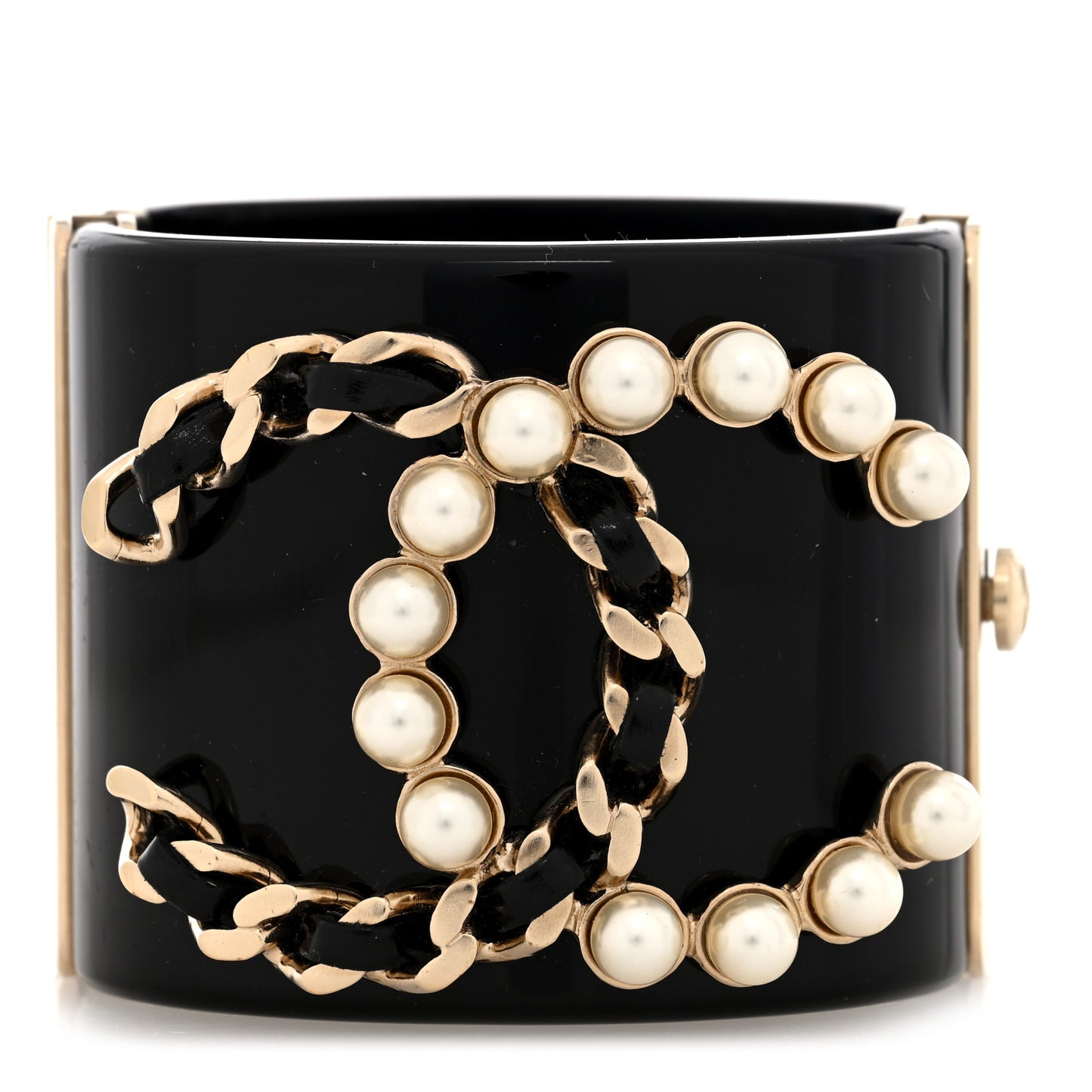 Resin Pearl Lambskin CC Cuff Bracelet Black Black Gold