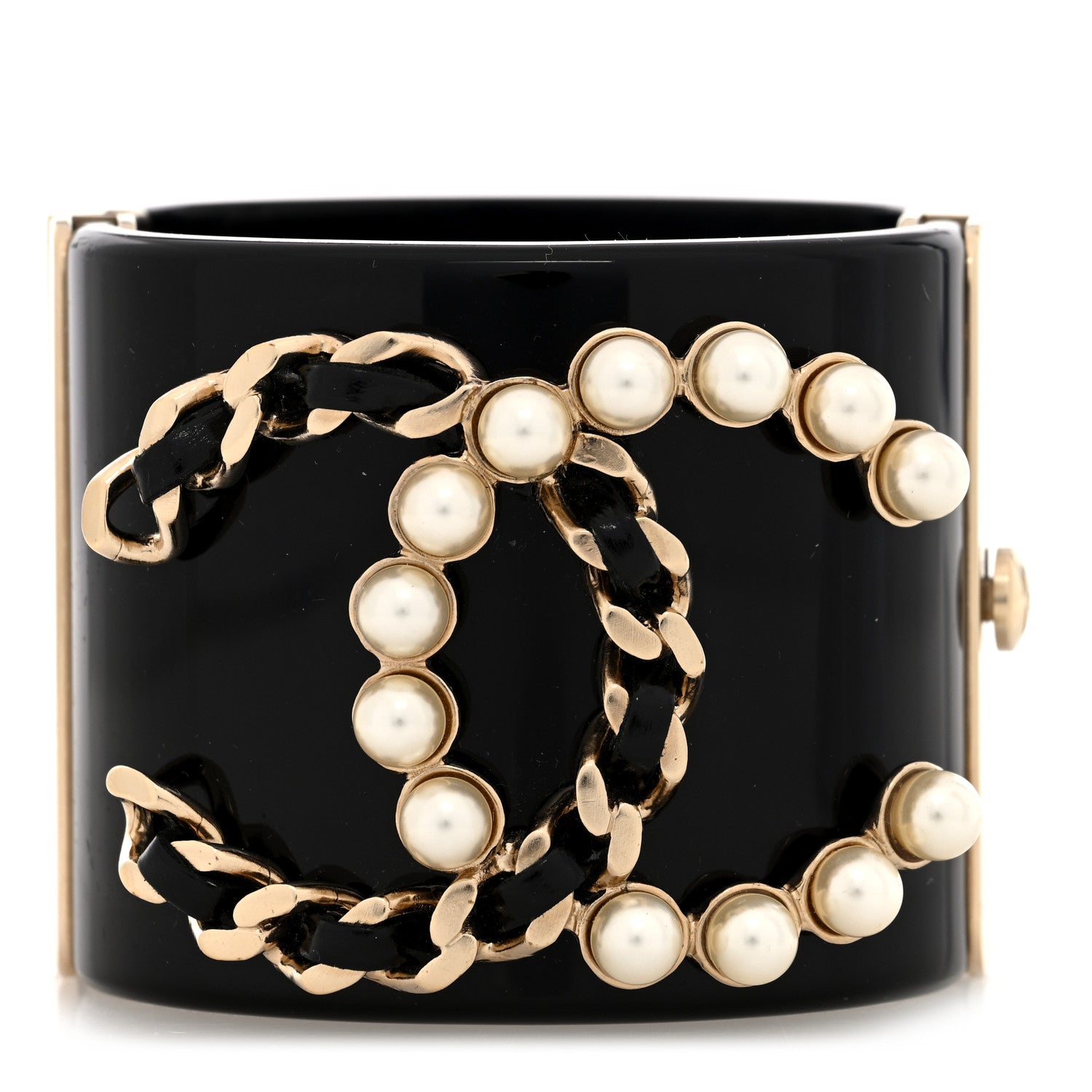 Chanel Resin Pearl Lambskin CC Cuff Bracelet Black Black Gold 1 of 5