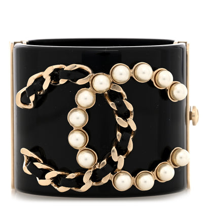 Chanel Resin Pearl Lambskin CC Cuff Bracelet Black Black Gold 1 of 5