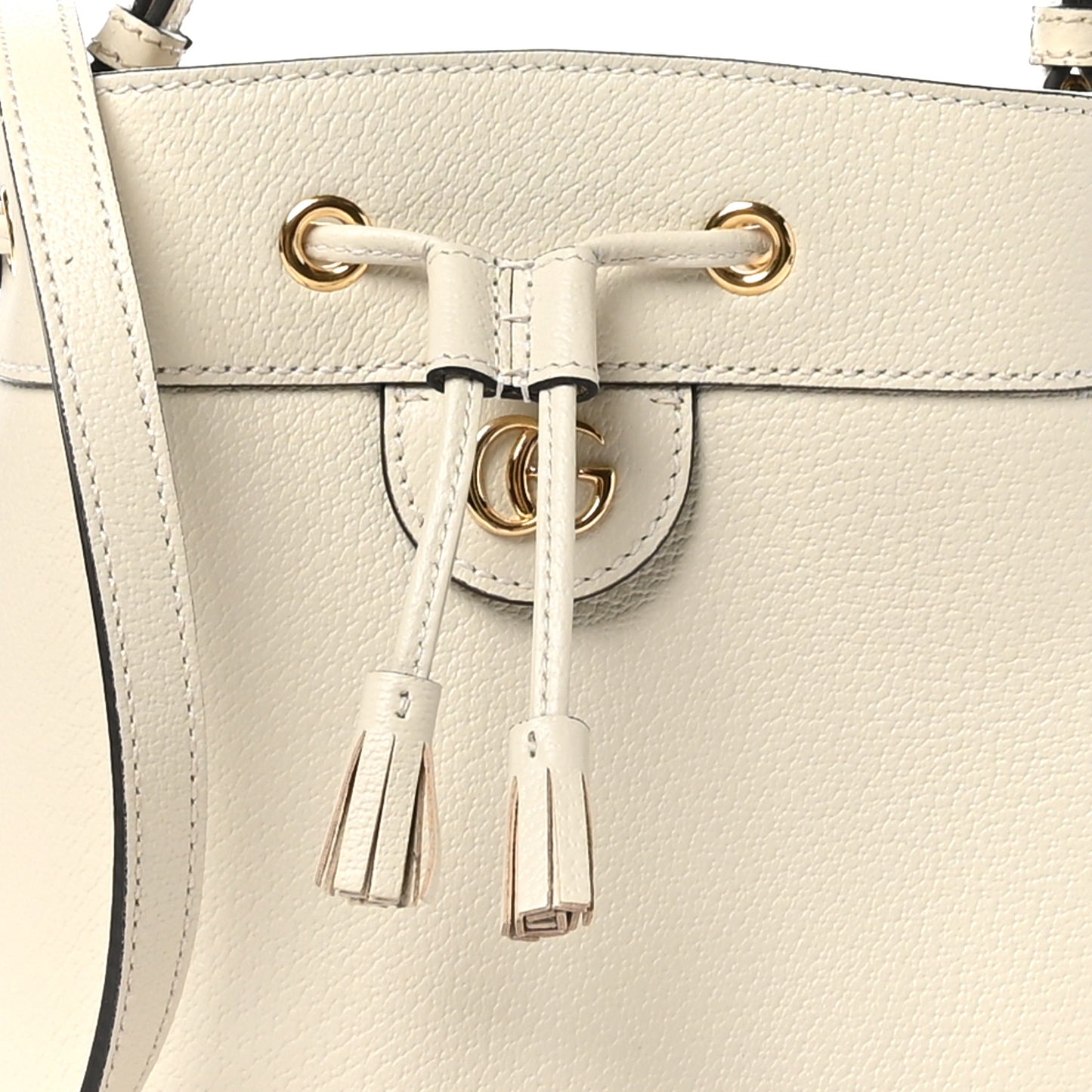 Glazed Textured Calfskin Web Small Ophidia Bucket Bag Mystic White