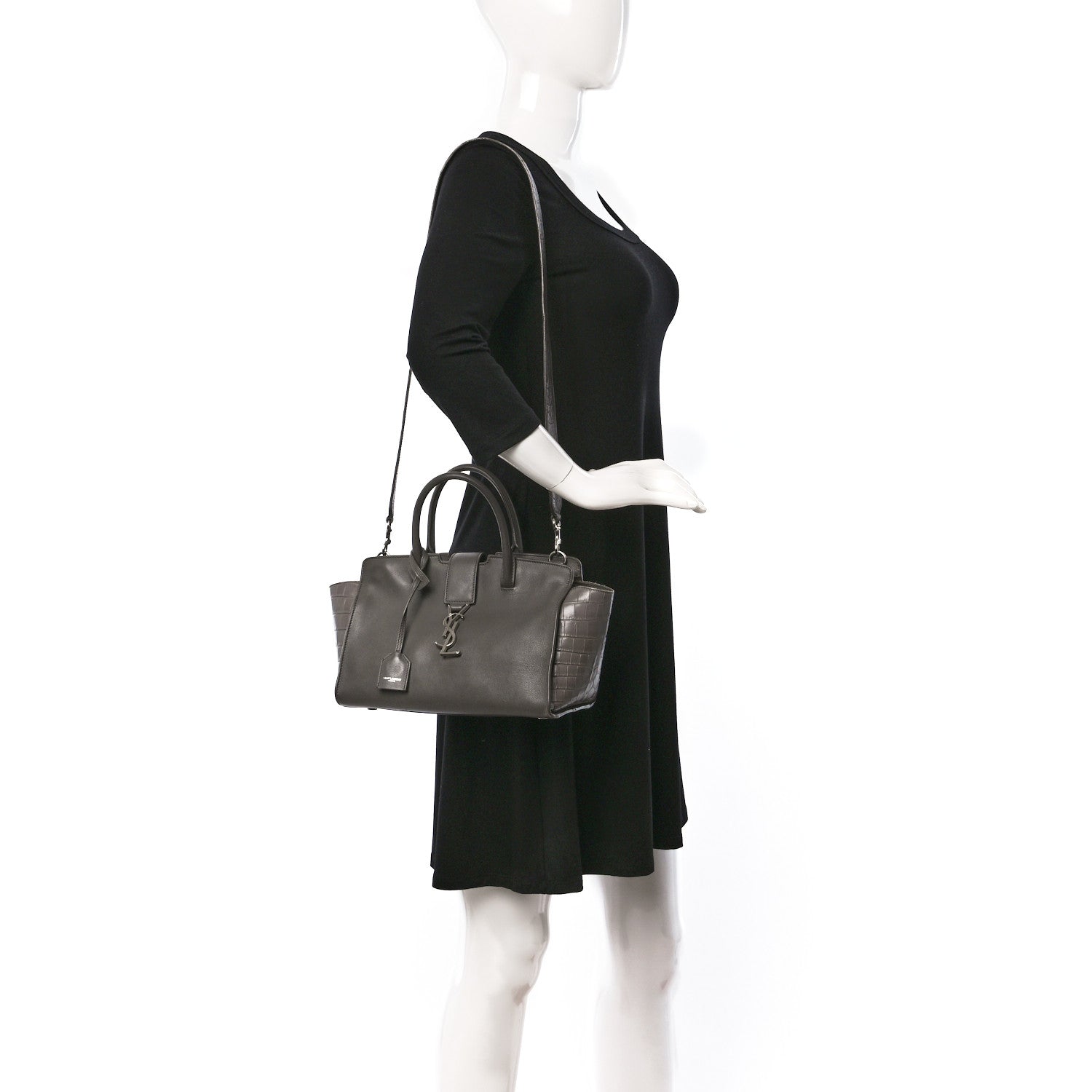Saint Laurent Smooth Calfskin Crocodile Embossed Baby Monogram Downtown Cabas Earth 2 of 9