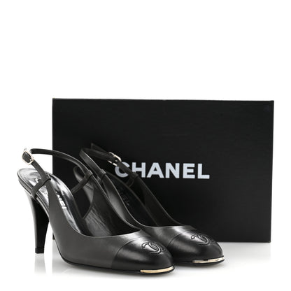 Chanel Lambskin Cap Toe CC Slingback Heels 39.5 Dark Grey Black 12 of 12