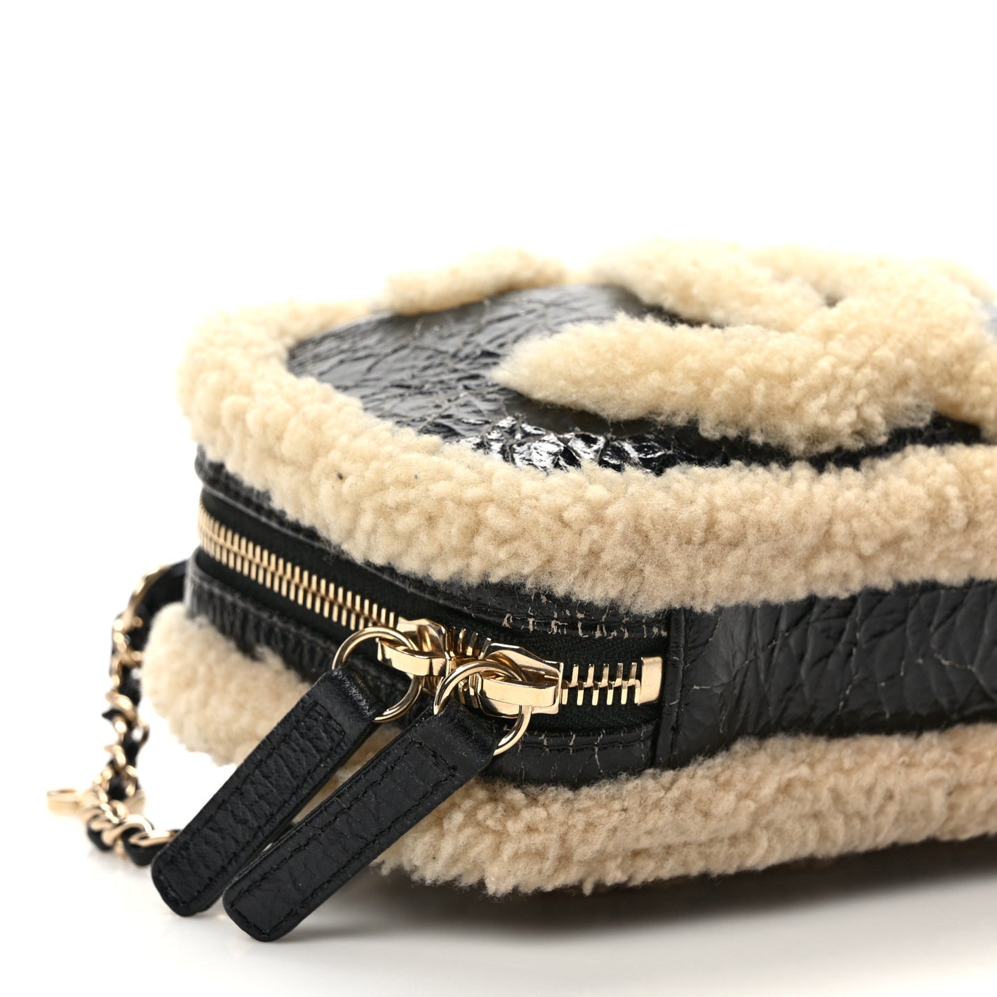 Shiny Crumpled Sheepskin Shearling Waist Bag Black Beige