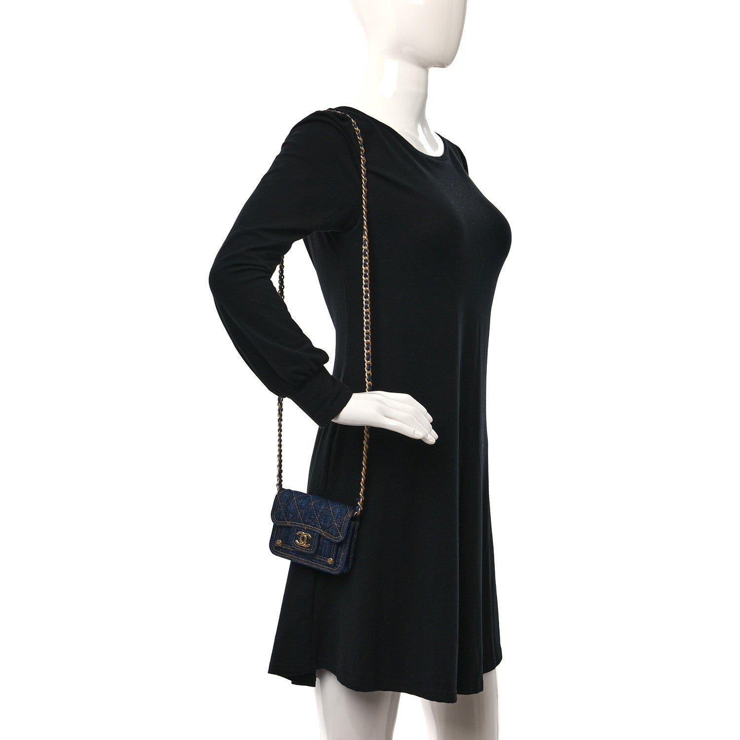 Chanel Denim Quilted Double You Card Holder On Chain Blue 3 of 10