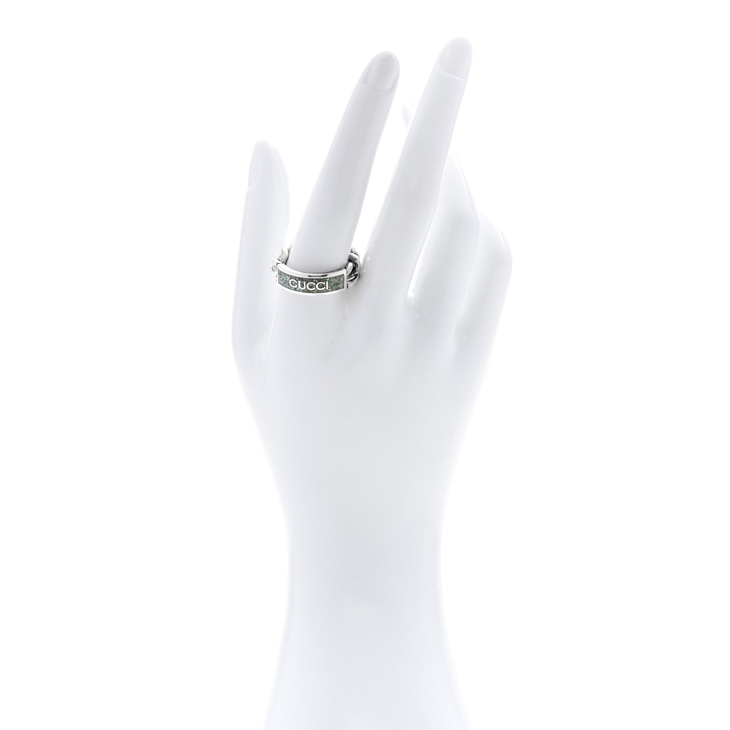 Gucci Sterling Silver Enamel Logo Chain Ring 62 10 Turquoise 2 of 5