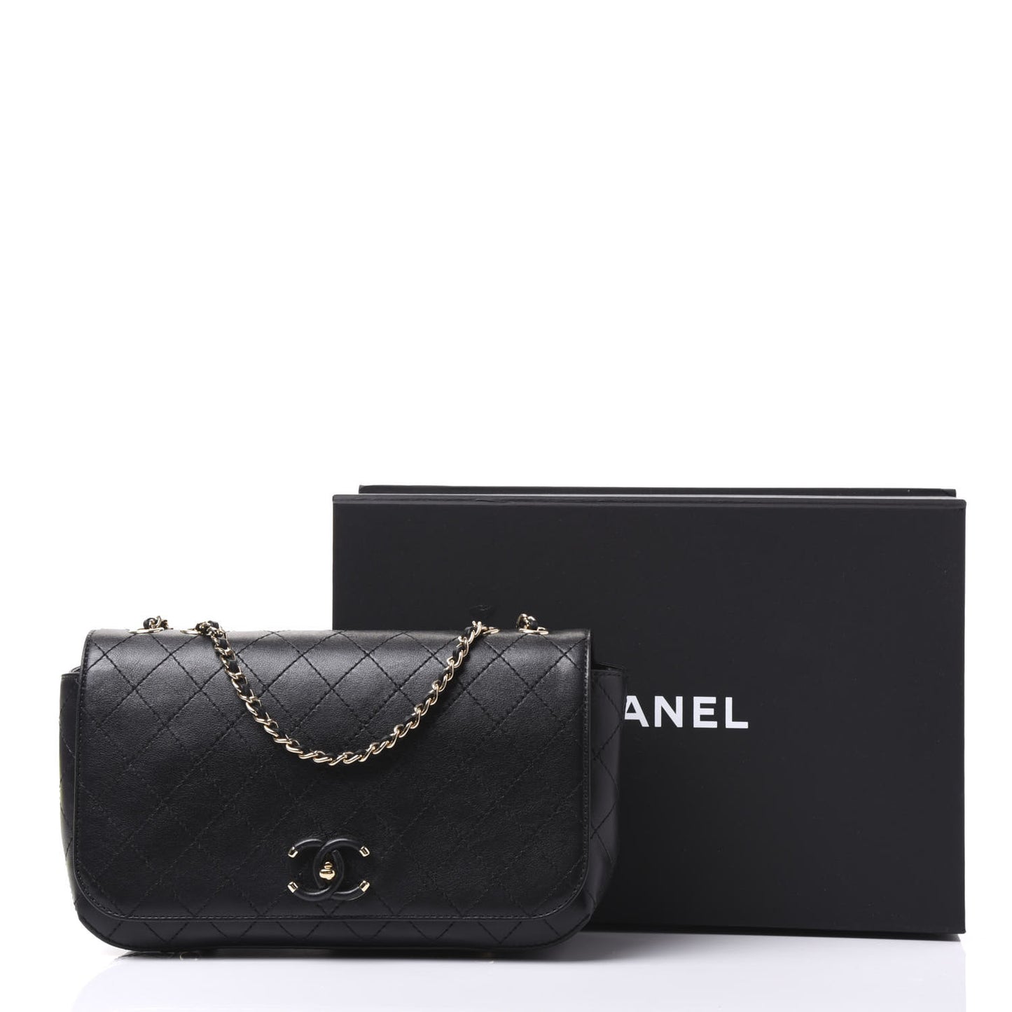 Calfskin Stitched Medium Covered CC Flap Bag Black