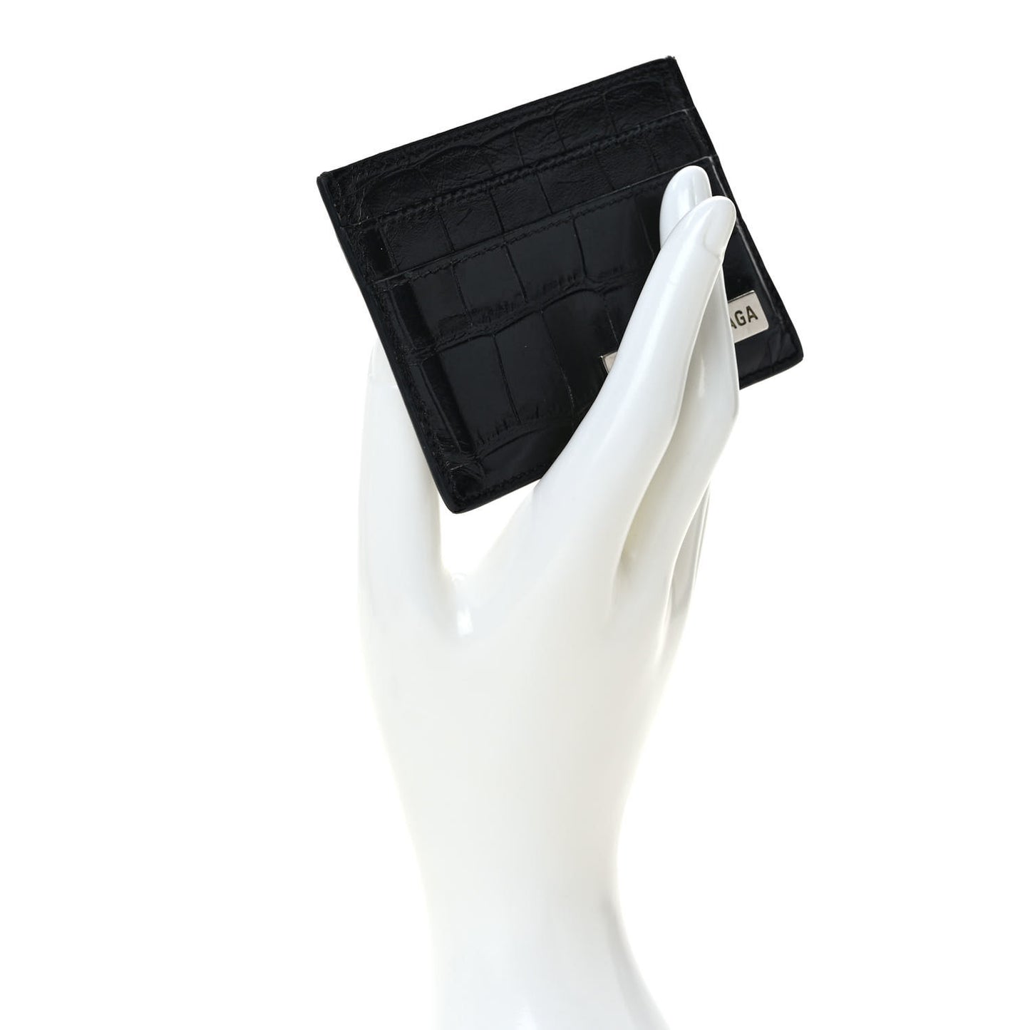 Shiny Calfskin Crocodile Embossed Logo Plate Card Case Black