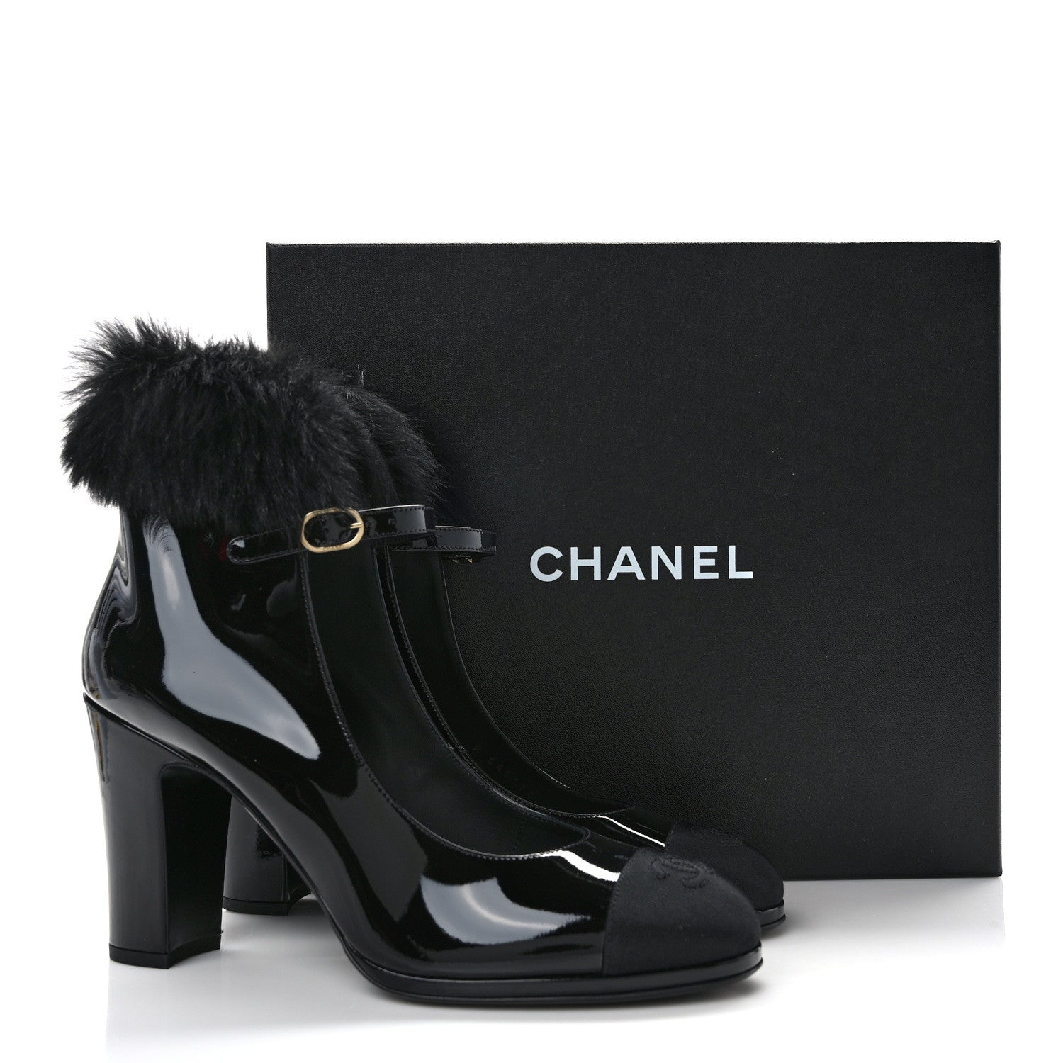 Chanel Patent Shearling Lambskin Cap Toe Mary Jane Pumps 41 Black 8 of 8