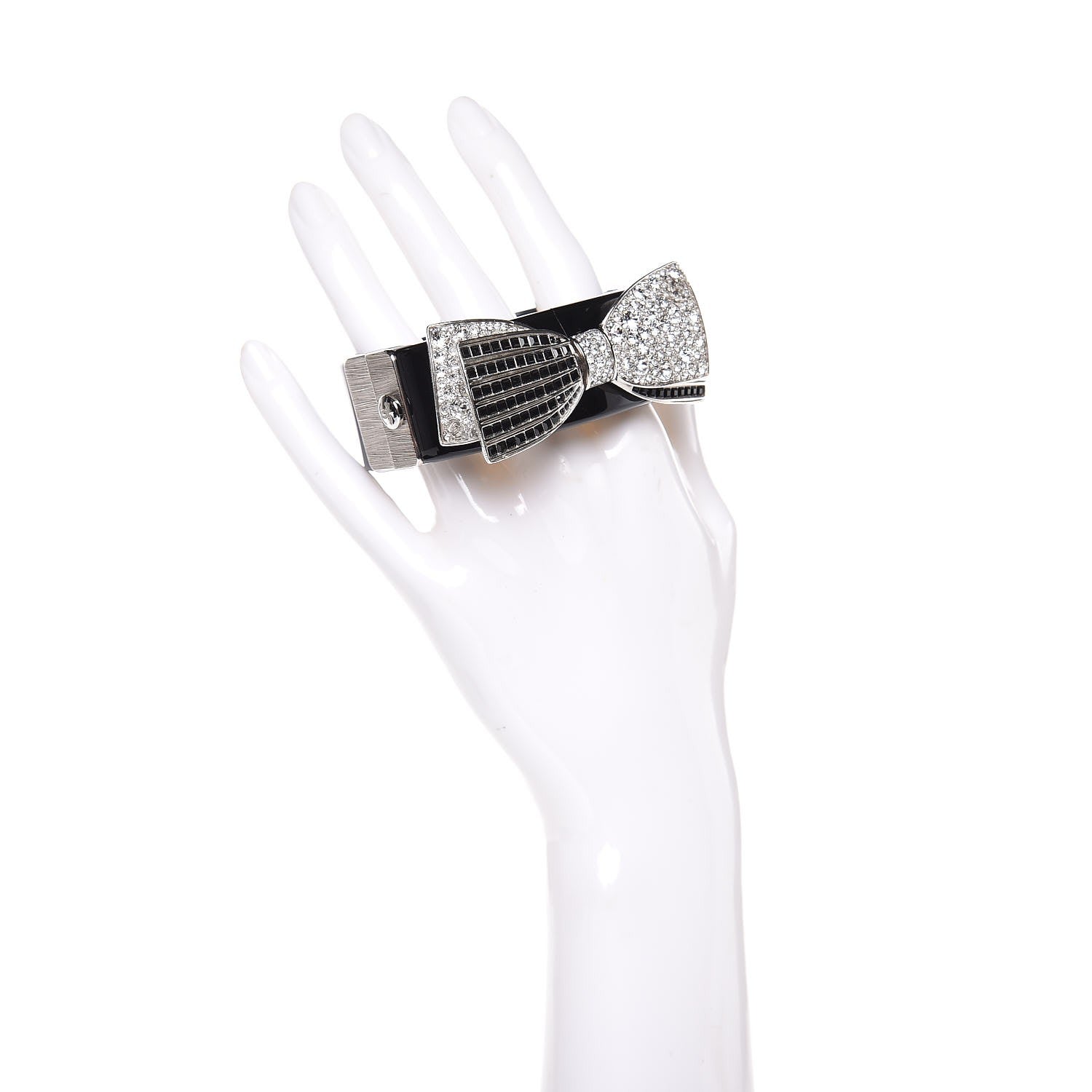 Chanel Resin Crystal CC Bow Cuff Bracelet Black Silver 2 of 7