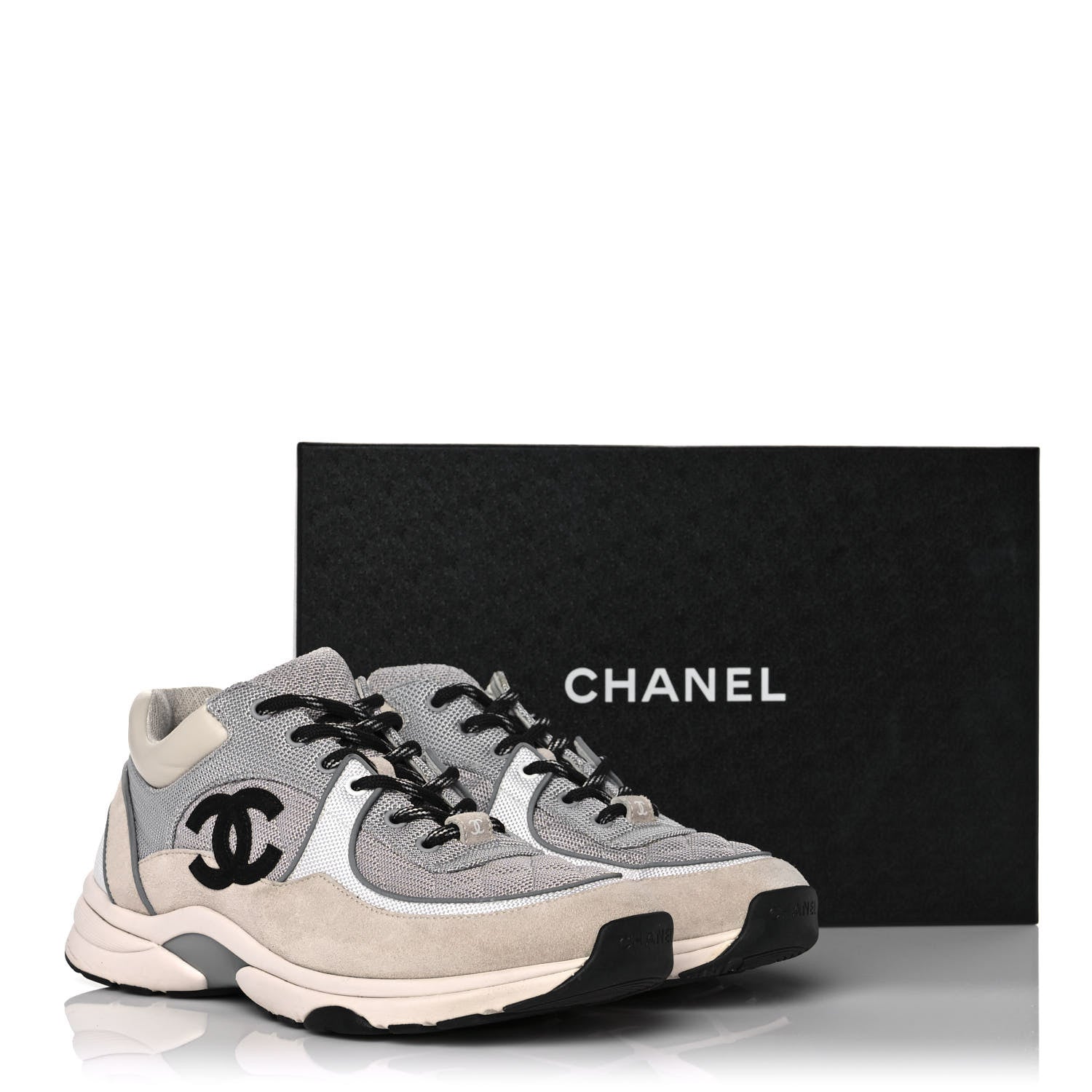 Chanel Nylon Calfskin Suede Womens CC Sneakers 41 Grey White Pink 9 of 9