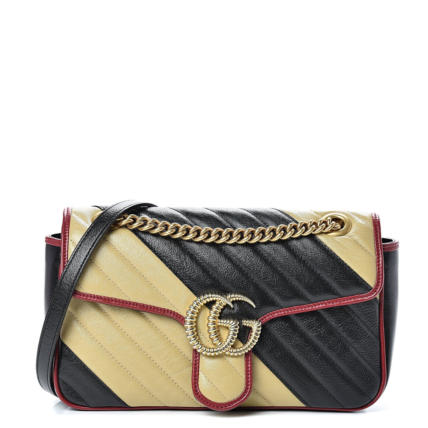 Vintage Effect Calfskin Matelasse Diagonal Striped Small Torchon GG Marmont Shoulder Bag Black Beige