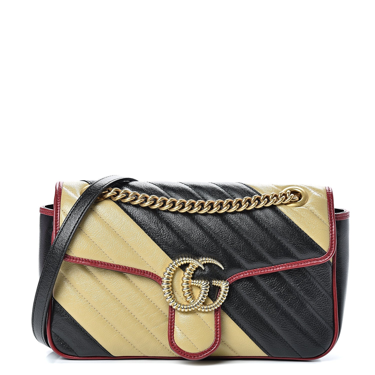 Gucci Vintage Effect Calfskin Matelasse Diagonal Striped Small Torchon GG Marmont Shoulder Bag Black Beige 1 of 10