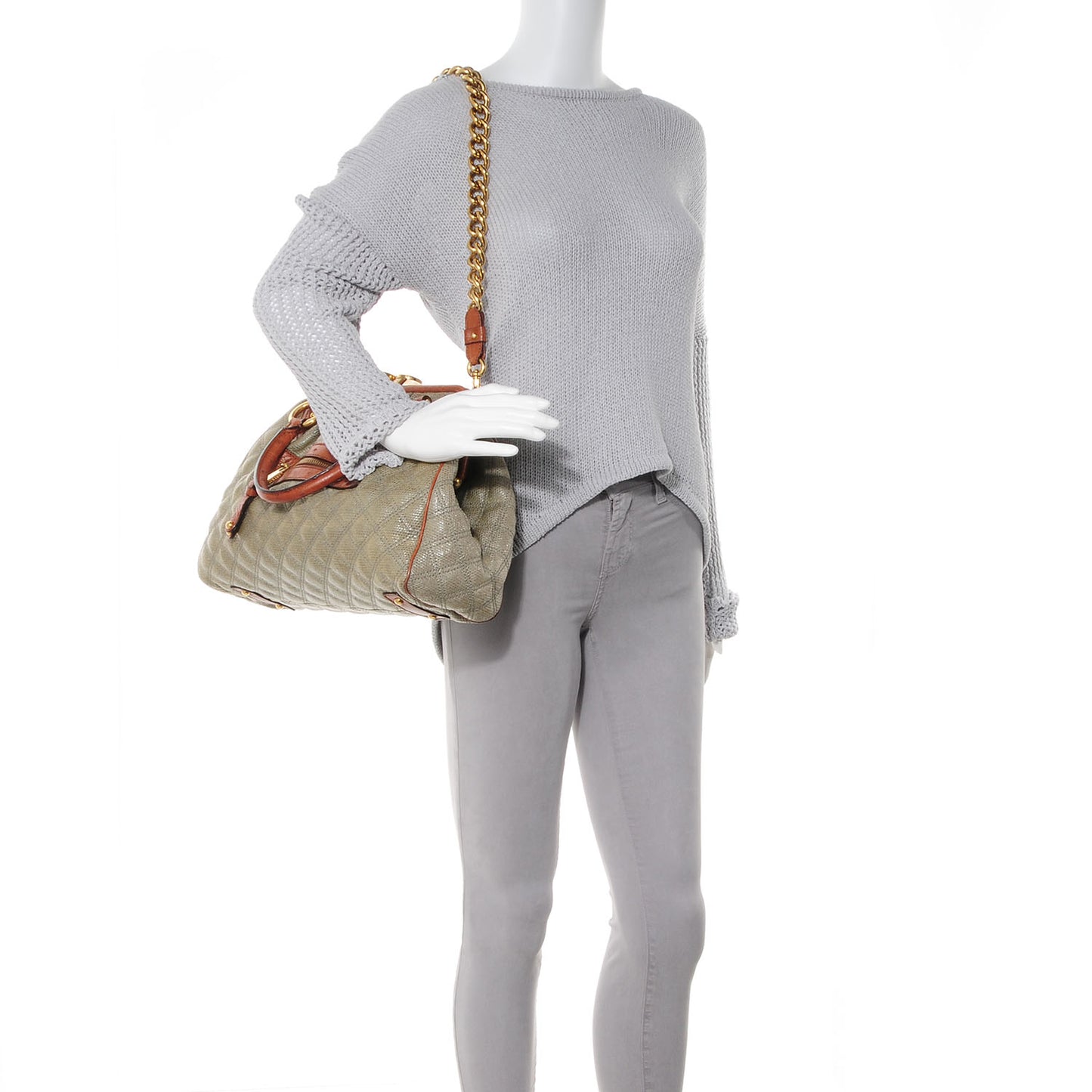 Quilted Coated Canvas and Ostrich Trim Stam Tote Light Grey