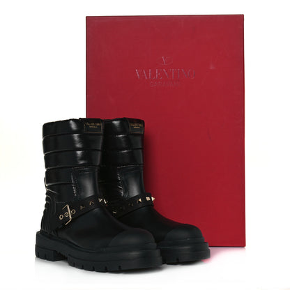 Valentino Garavani Calfskin Nylon Quilted Waterproof Rockstud 40mm Biker Boots 39 Black 9 of 9