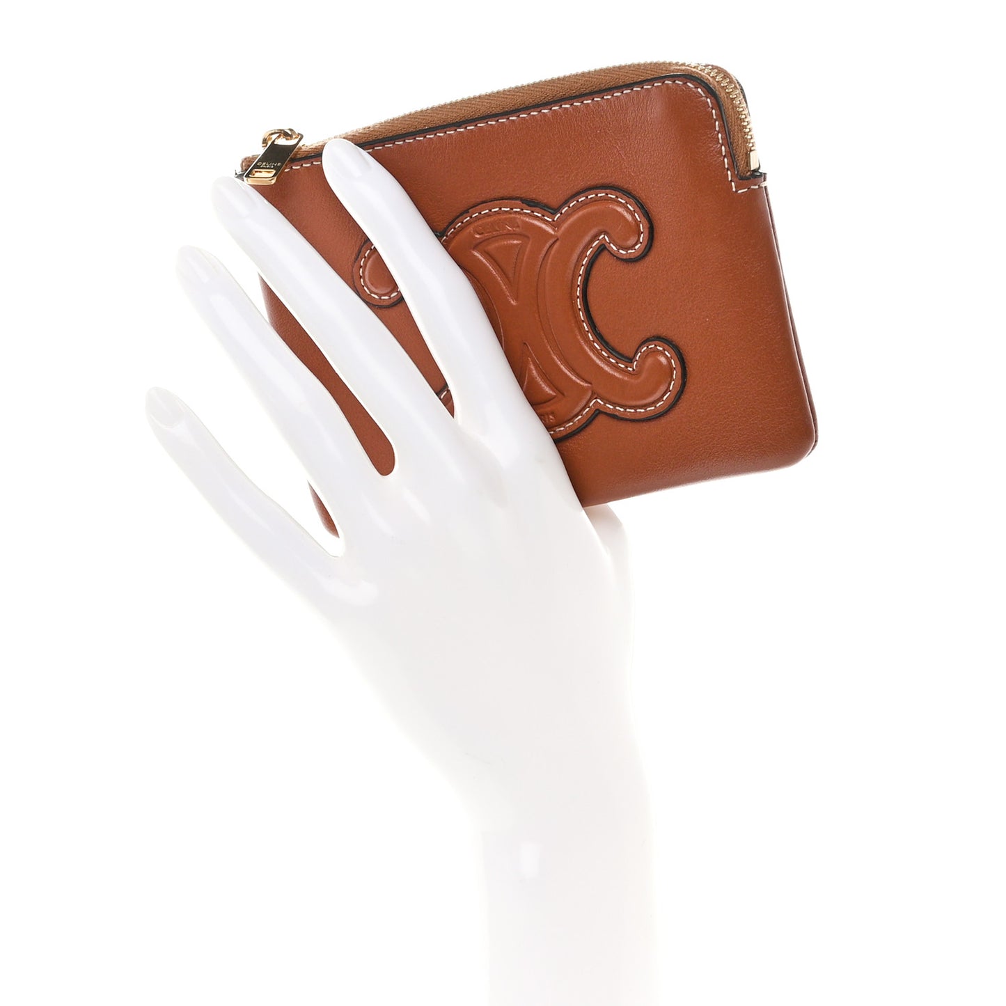 Smooth Calfskin Cuir Triomphe Coin and Card Pouch With Hook Tan