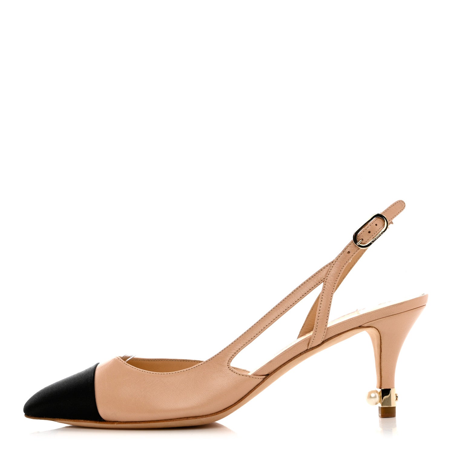 Chanel Lambskin Satin Cap Toe CC Slingback Heels 39.5 Beige Black 1 of 12