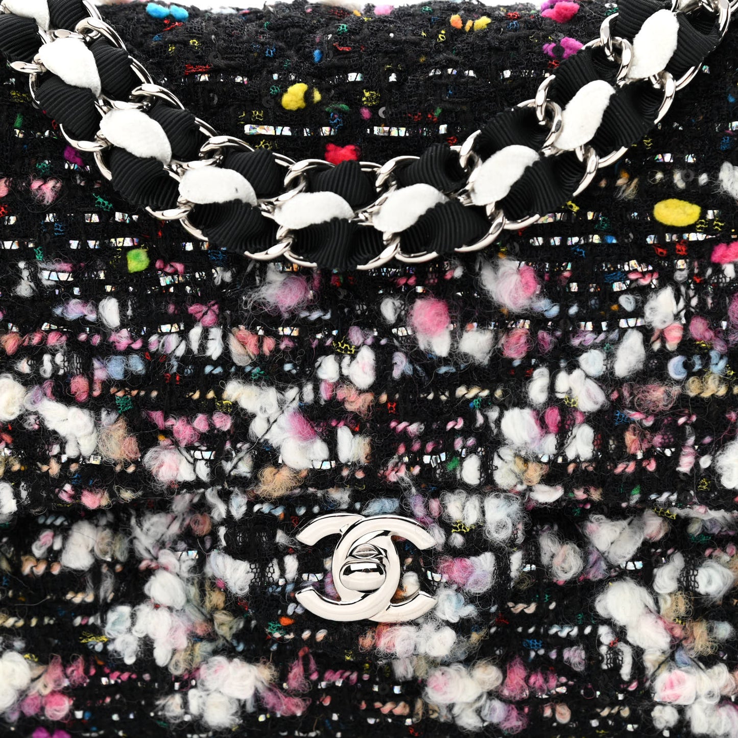 Tweed Quilted Medium Double Flap Black White Yellow Pink