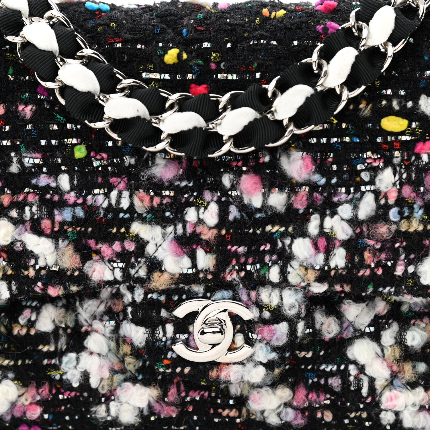 Chanel Tweed Quilted Medium Double Flap Black White Yellow Pink 7 of 10