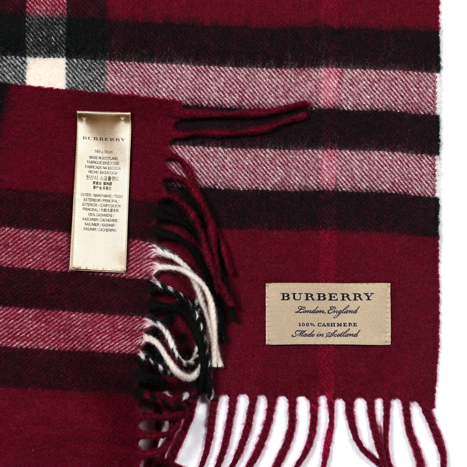 Burberry Cashmere Giant Check Icon Stripe Fringe Scarf Claret 4 of 4