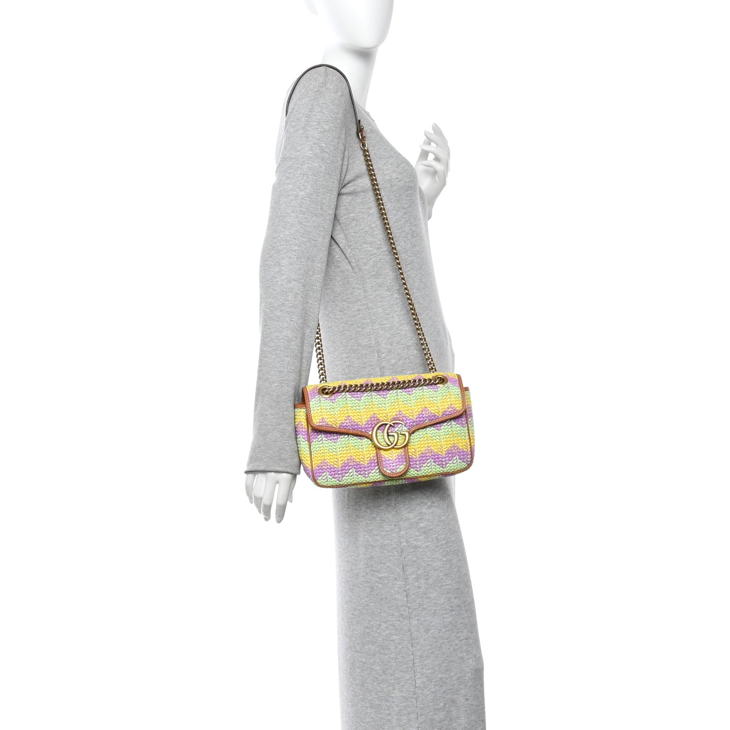 Gucci Calfskin Raffia Woven Small GG Marmont Shoulder Bag Multicolor 2 of 10