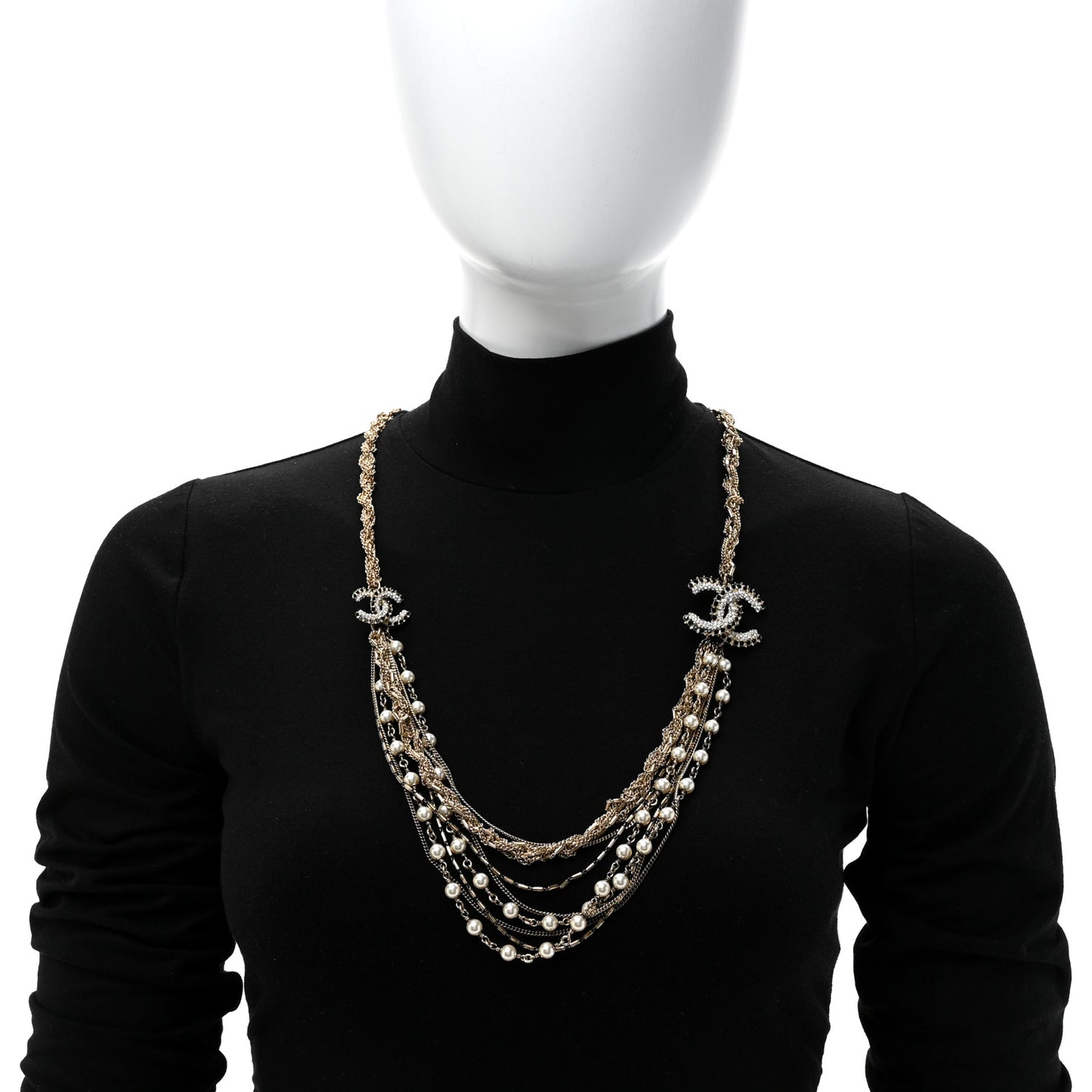 Pearl Crystal CC Braided Multi Strand Necklace Gold Black
