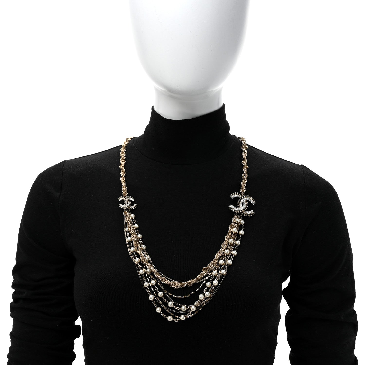 Chanel Pearl Crystal CC Braided Multi Strand Necklace Gold Black 2 of 6