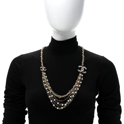 Chanel Pearl Crystal CC Braided Multi Strand Necklace Gold Black 2 of 6