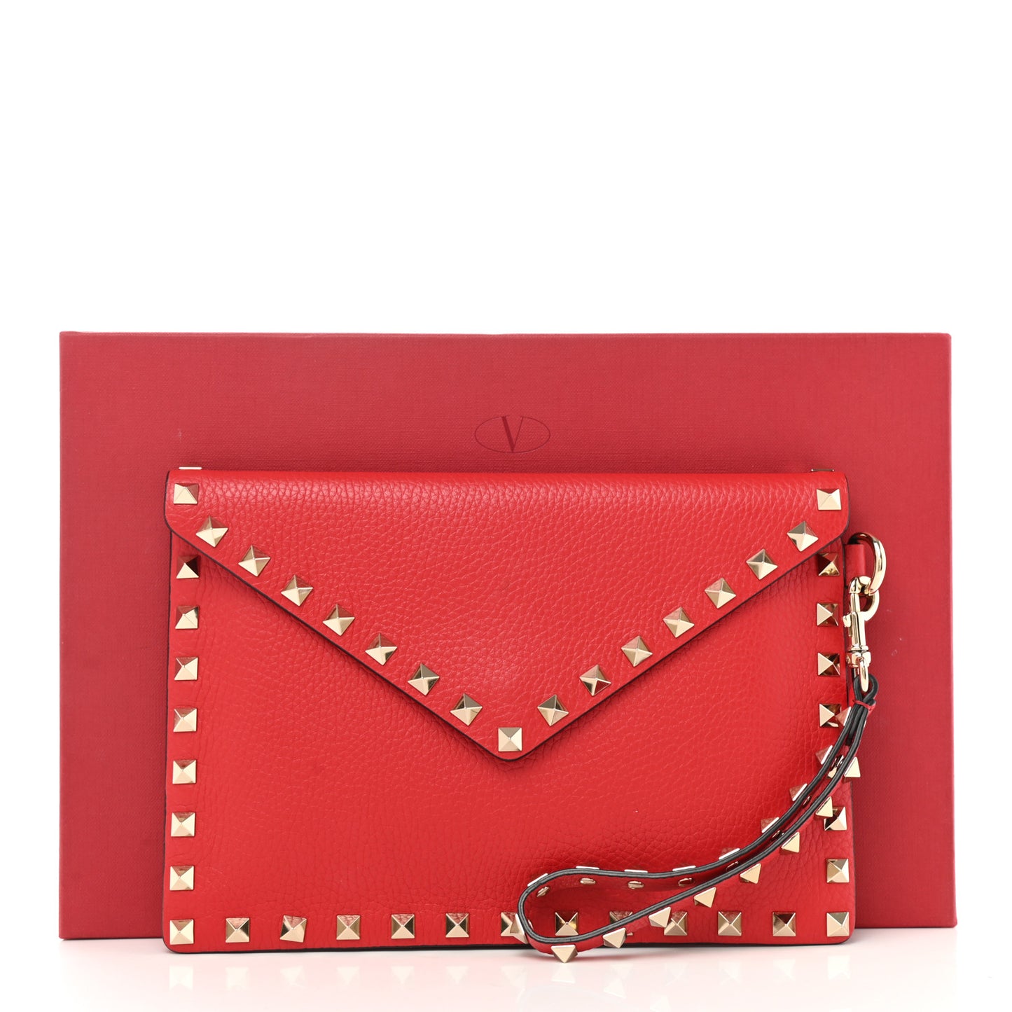 Pebbled Calfskin Medium Rockstud Envelope Flat Wristlet Pouch Rouge Pur