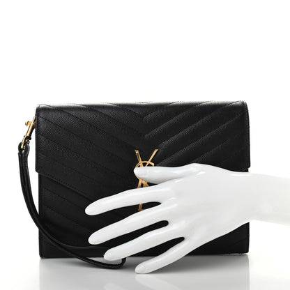 Saint Laurent Grain De Poudre Matelasse Chevron Monogram Envelope Clutch Black 2 of 7