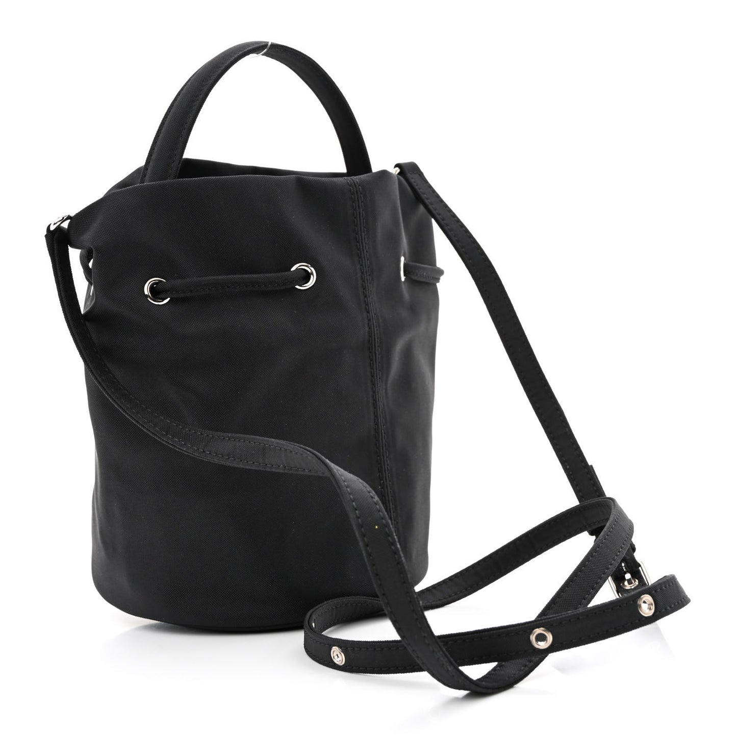 Recycled Sport Nylon Logo Embroidered Wheel Drawstring Bucket Bag Black