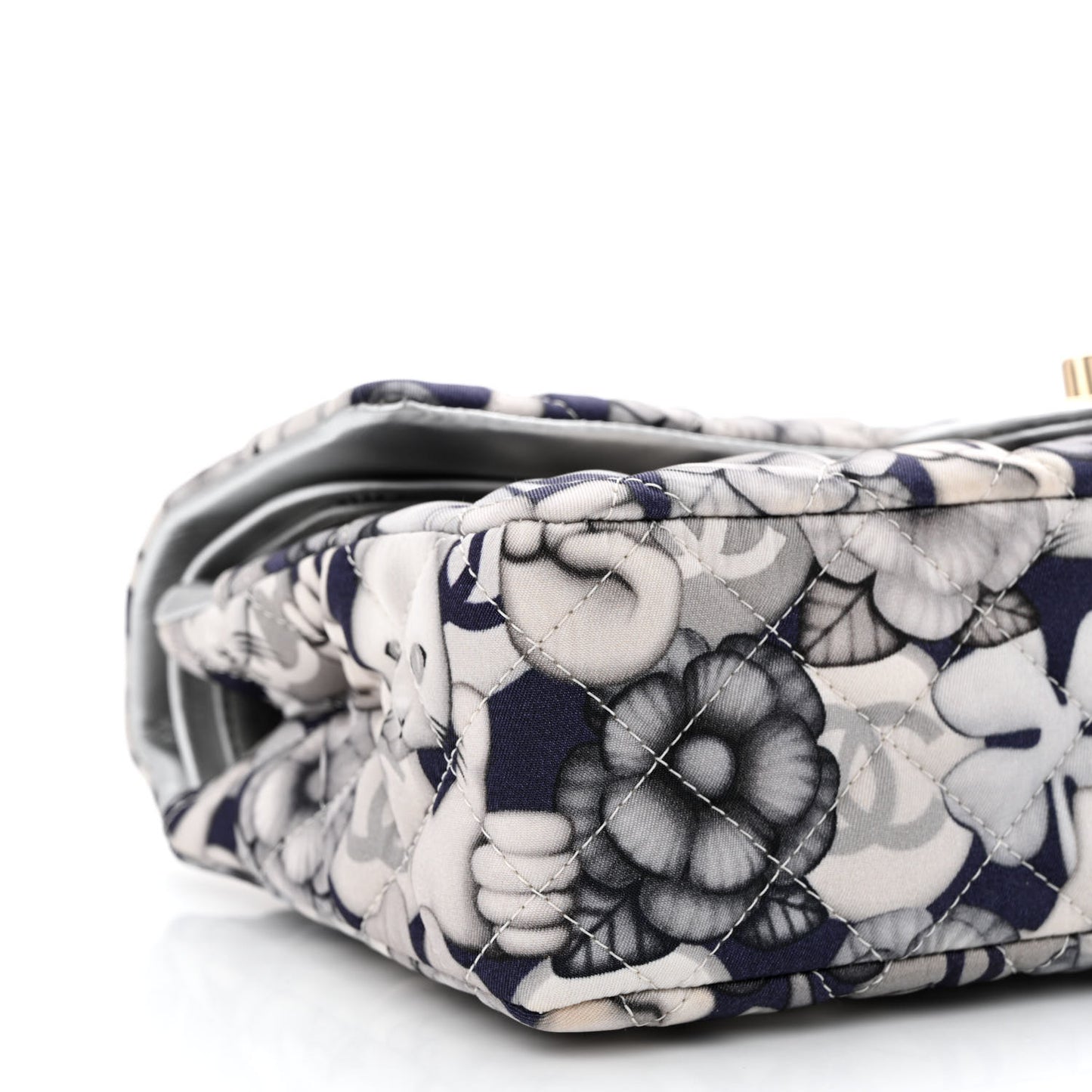 Nylon Quilted Medium Cat Emoticon Double Flap Navy Grey Ecru