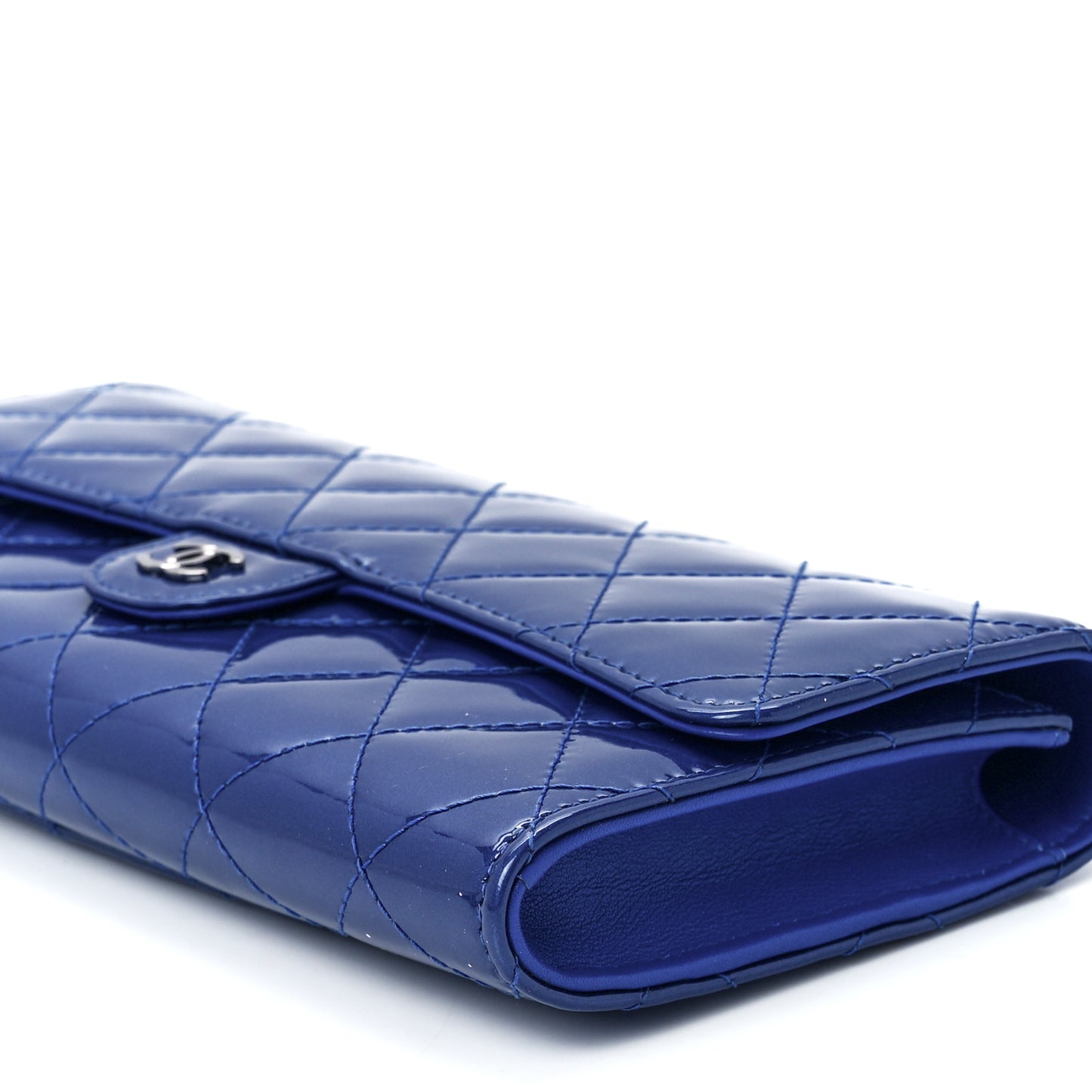 Patent Calfskin Quilted Flap Clutch Wallet Blue
