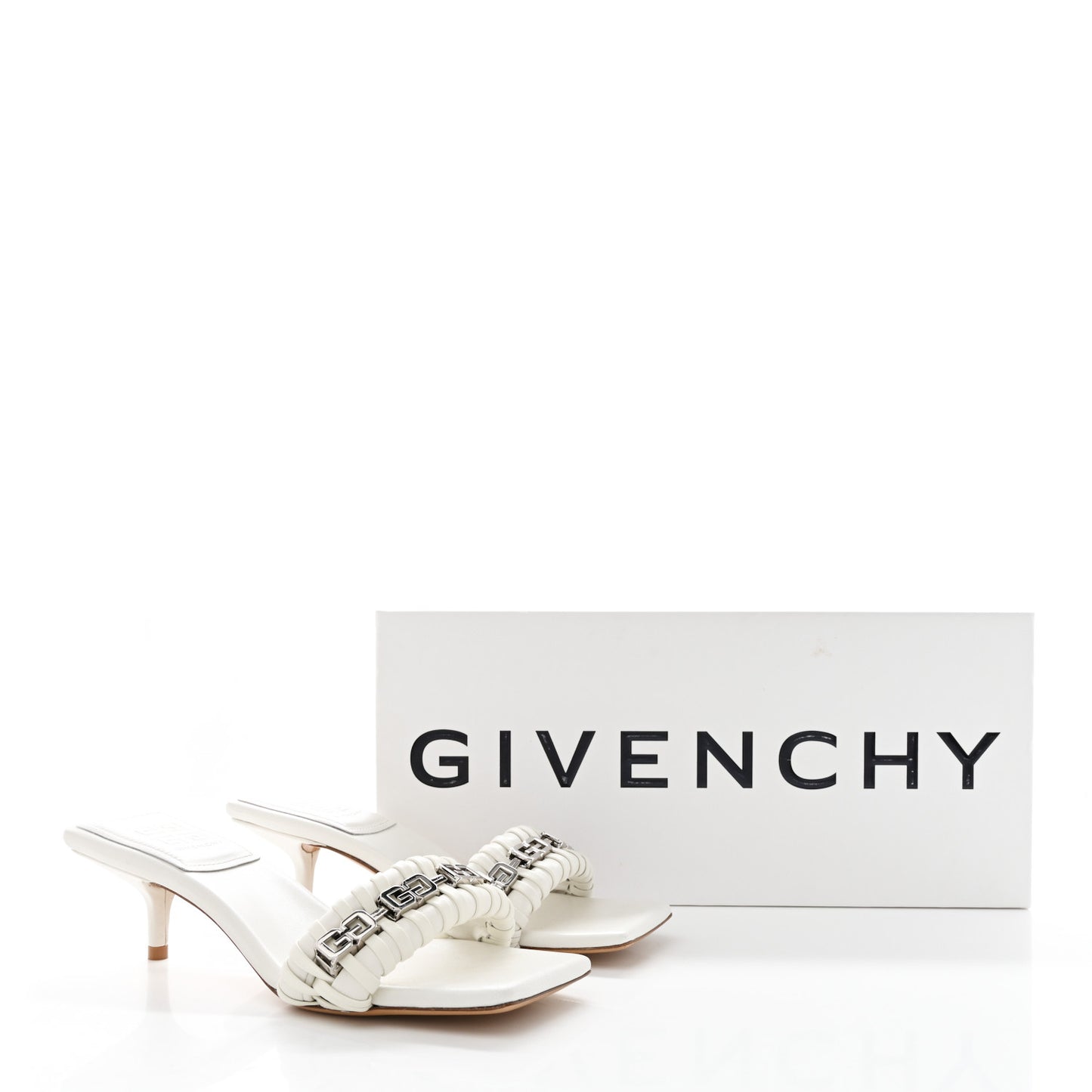 Woven Lambskin G Chain 50mm Kitten Heel Sandals 36.5 Ivory