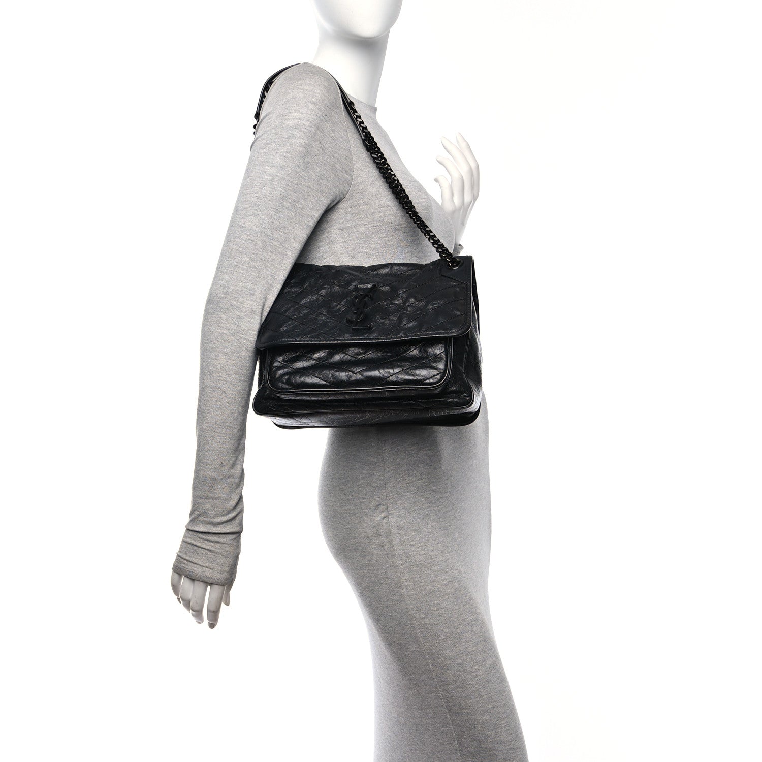 Saint Laurent Crinkled Calfskin Matelasse Monogram Medium Niki Chain Satchel Black 2 of 12