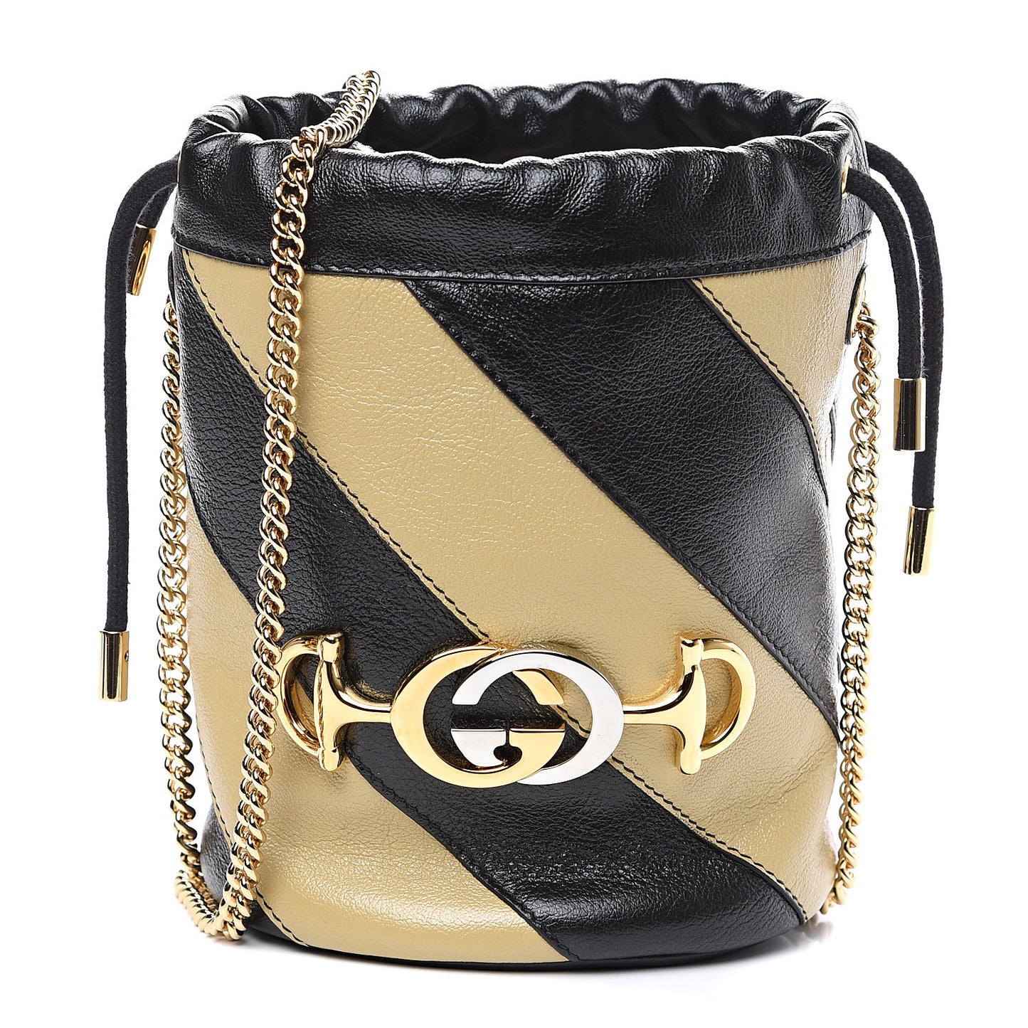 Calfskin Diagonal Striped Mini Zumi Bucket Bag Black Beige