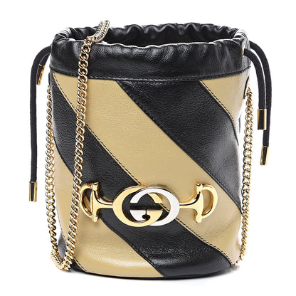Gucci Calfskin Diagonal Striped Mini Zumi Bucket Bag Black Beige 1 of 7