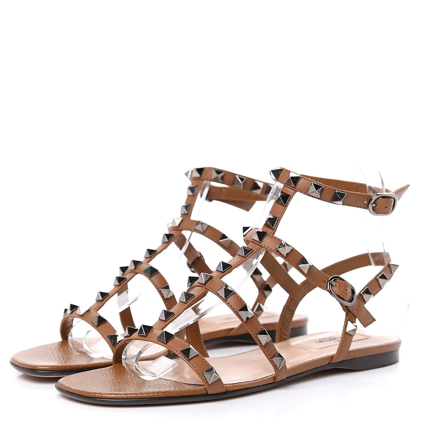 Calfskin Rockstud Gladiator Flat Sandals 36.5 Bright Cognac
