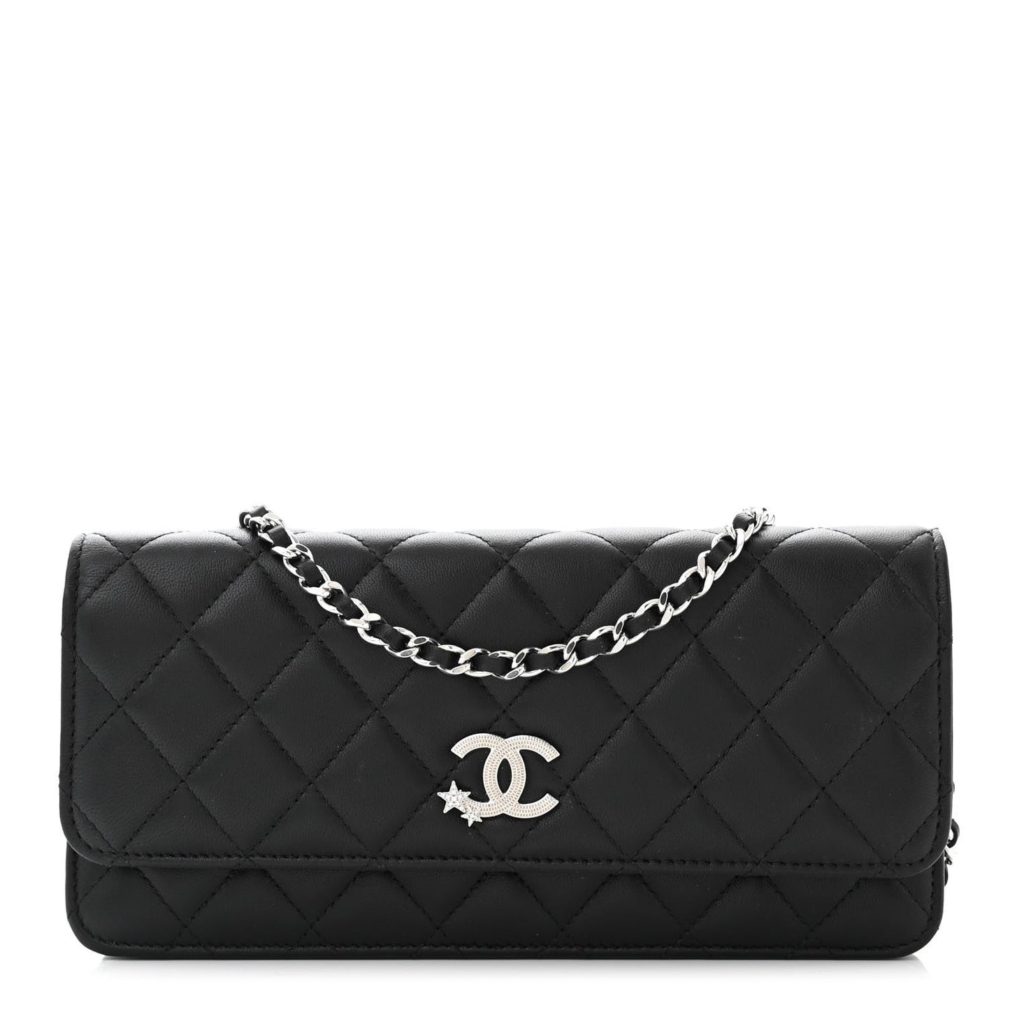 Lambskin Quilted Crystal Star Long Clutch With Chain Black