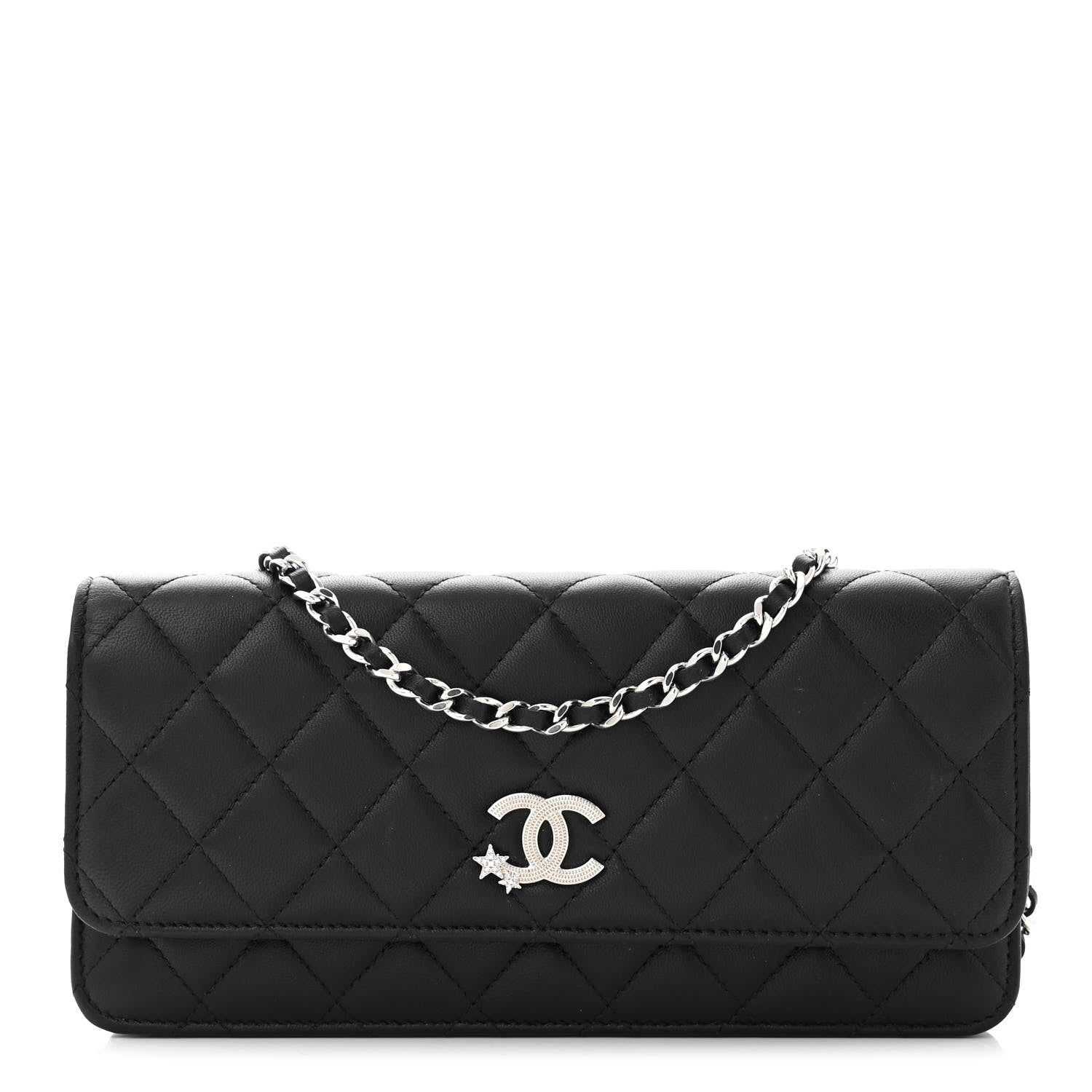 Chanel Lambskin Quilted Crystal Star Long Clutch With Chain Black 1 of 12